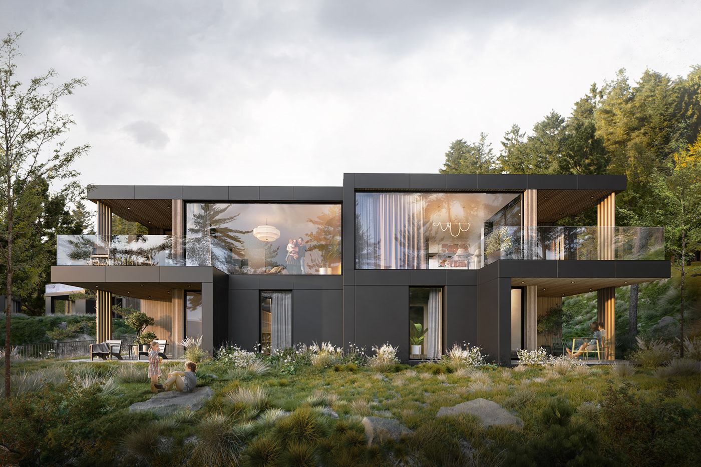Sleek modern building nestled in Norway's picturesque Bergen forest, overlooking the sea. 