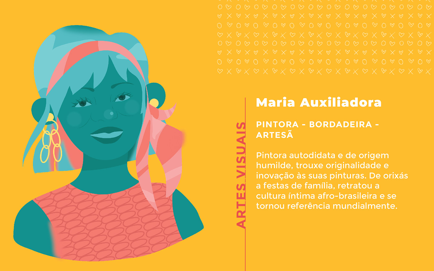 An illustrated portrait of Maria Auxiliadora, a brazilian painter and artisan.
