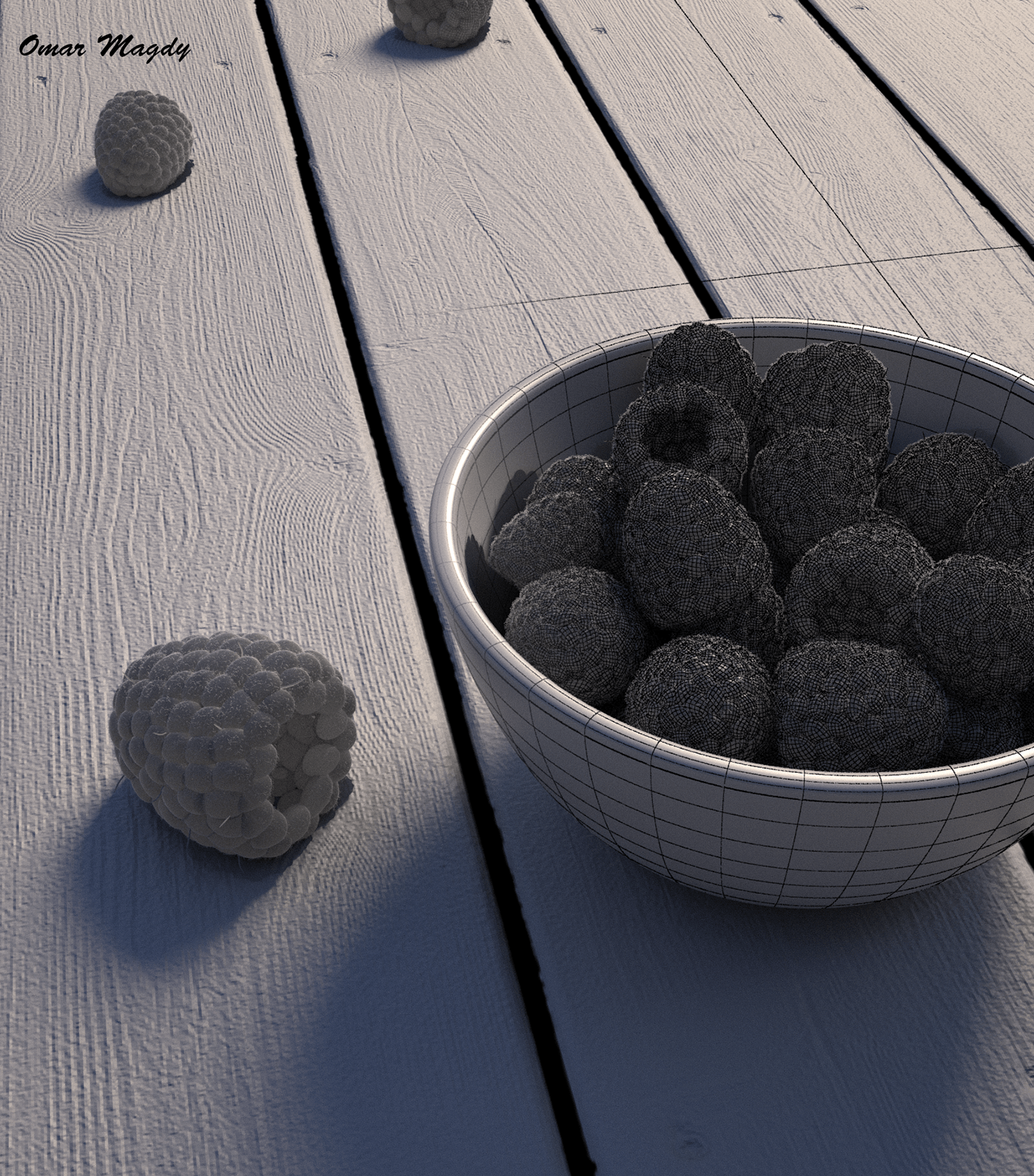 Maya Zbrush rendering 3D 2D stilllife realictic raspberry
