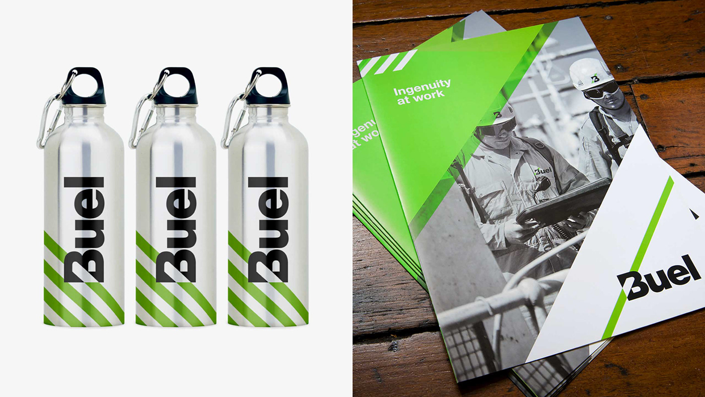 Buel - Brand identity mining services - design of water bottles and services brochure