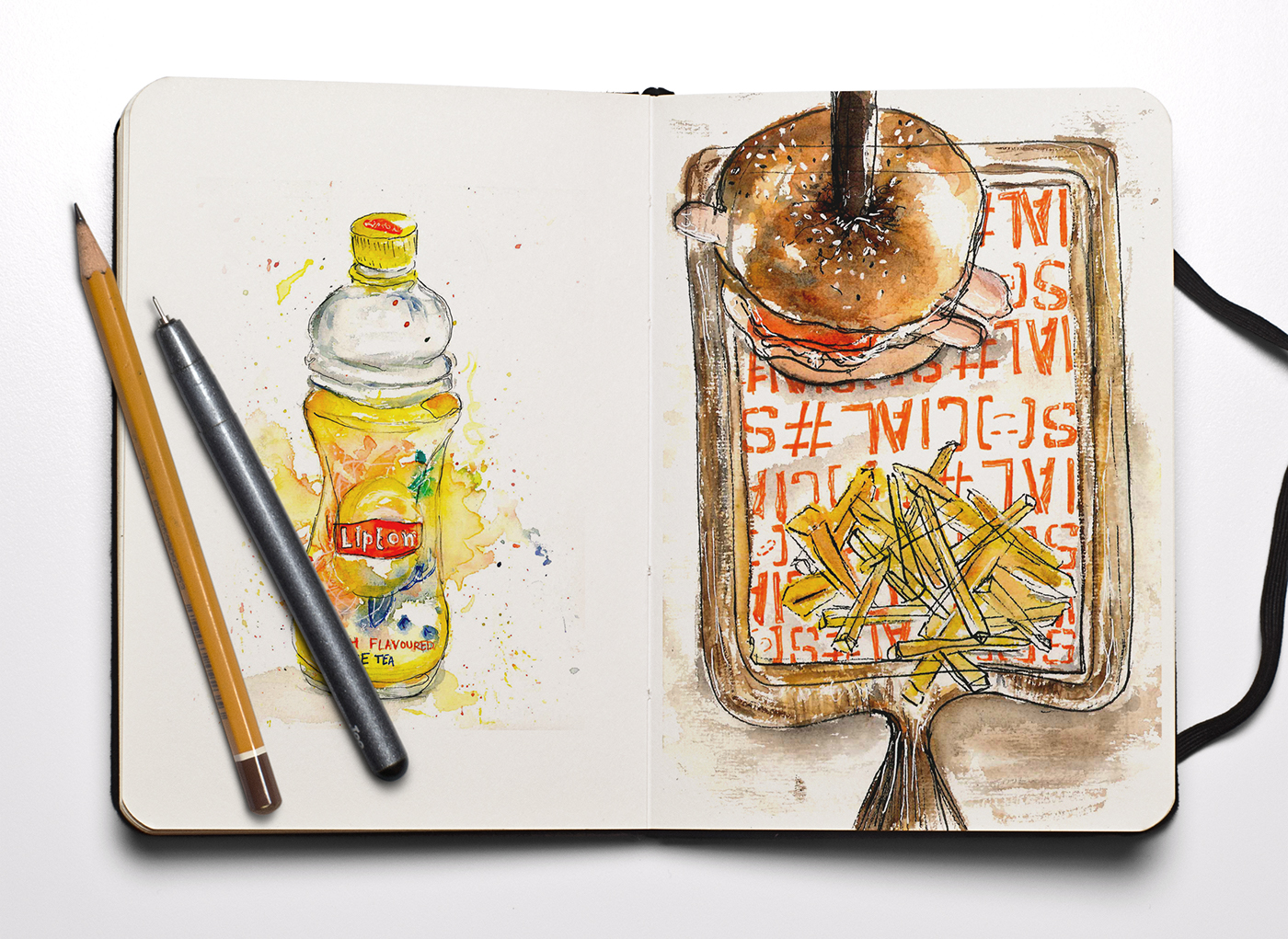 Adobe Portfolio illustrations vector gouache pen and ink Food  nuttella ice cream burger