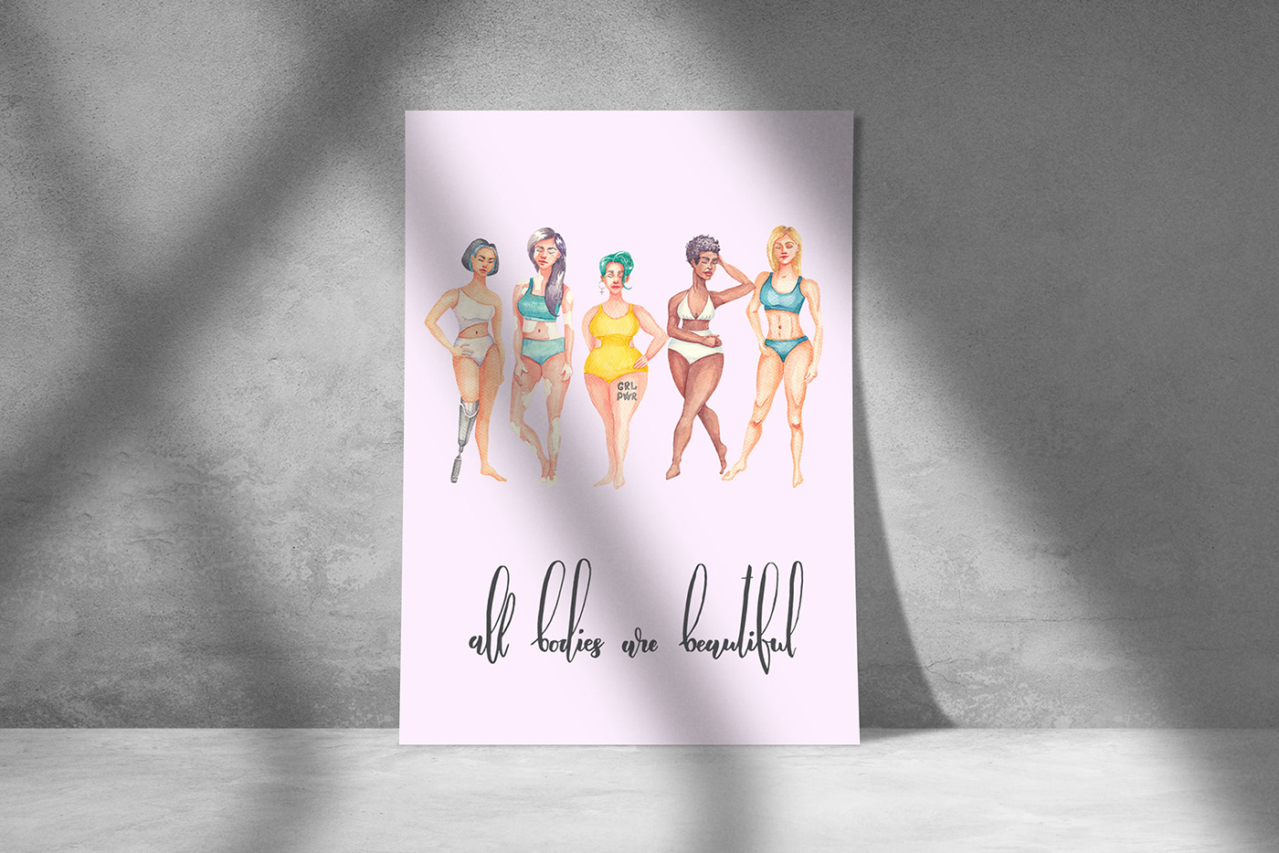 woman watercolor vitiligo swimsuit body positive feminism Girl Power love your body love yourself multiracial