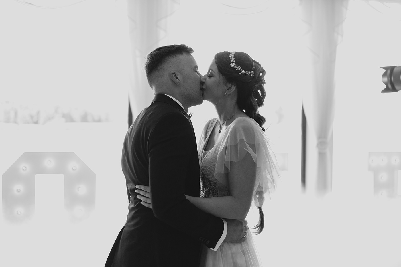 Image may contain: kiss, bride and wedding dress