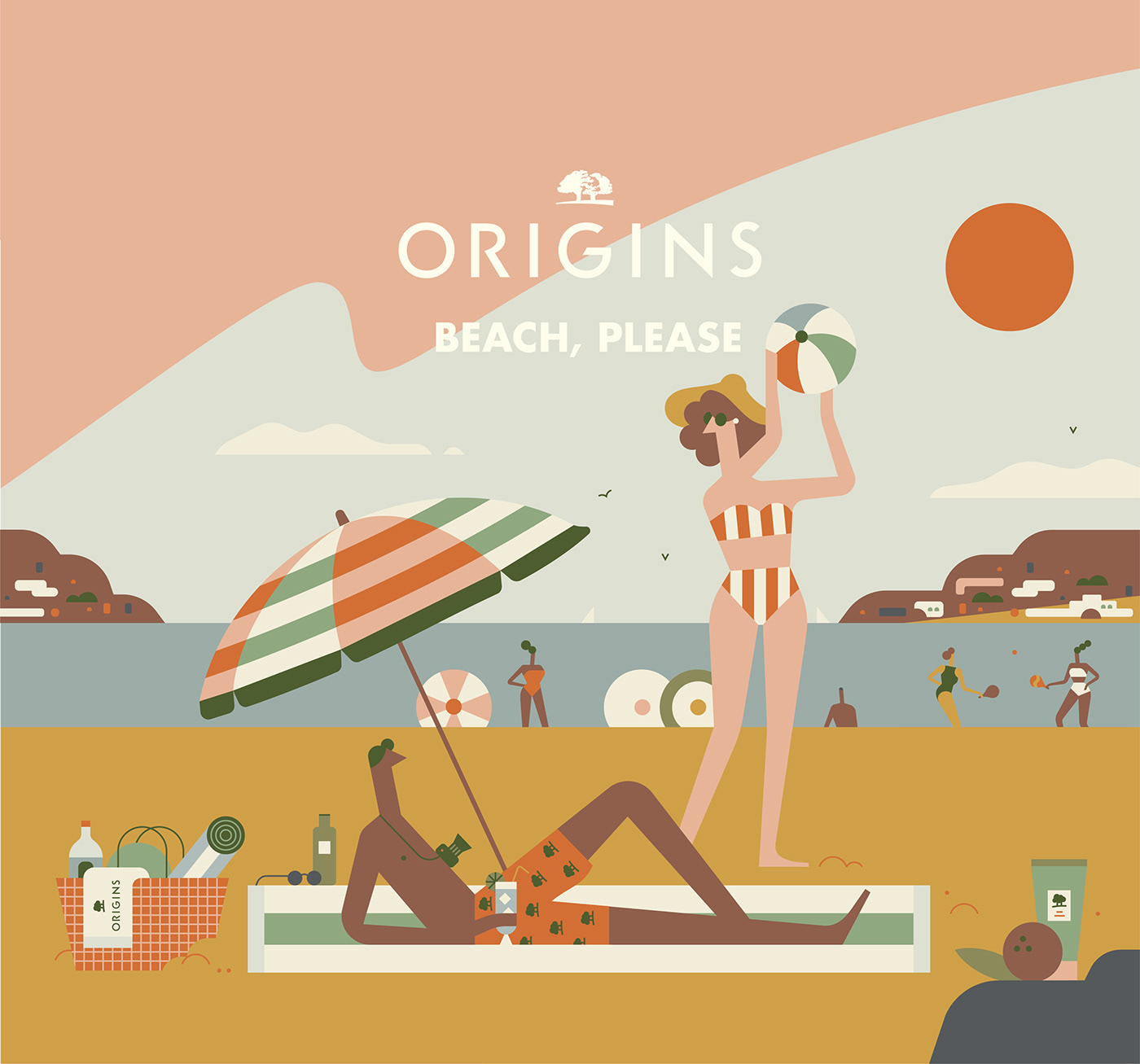 ILLUSTRATION  Travel Retail skincare products vector beach regenerative evergreen recycle