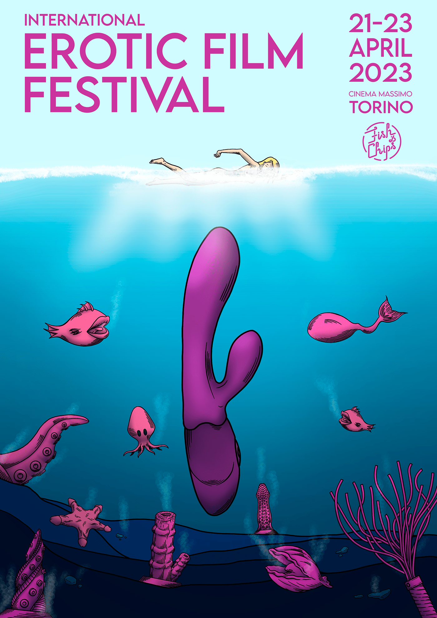 cinemamassimotorino eroticfilmfestival fishandchips ILLUSTRATION  jaws poster Sextoys