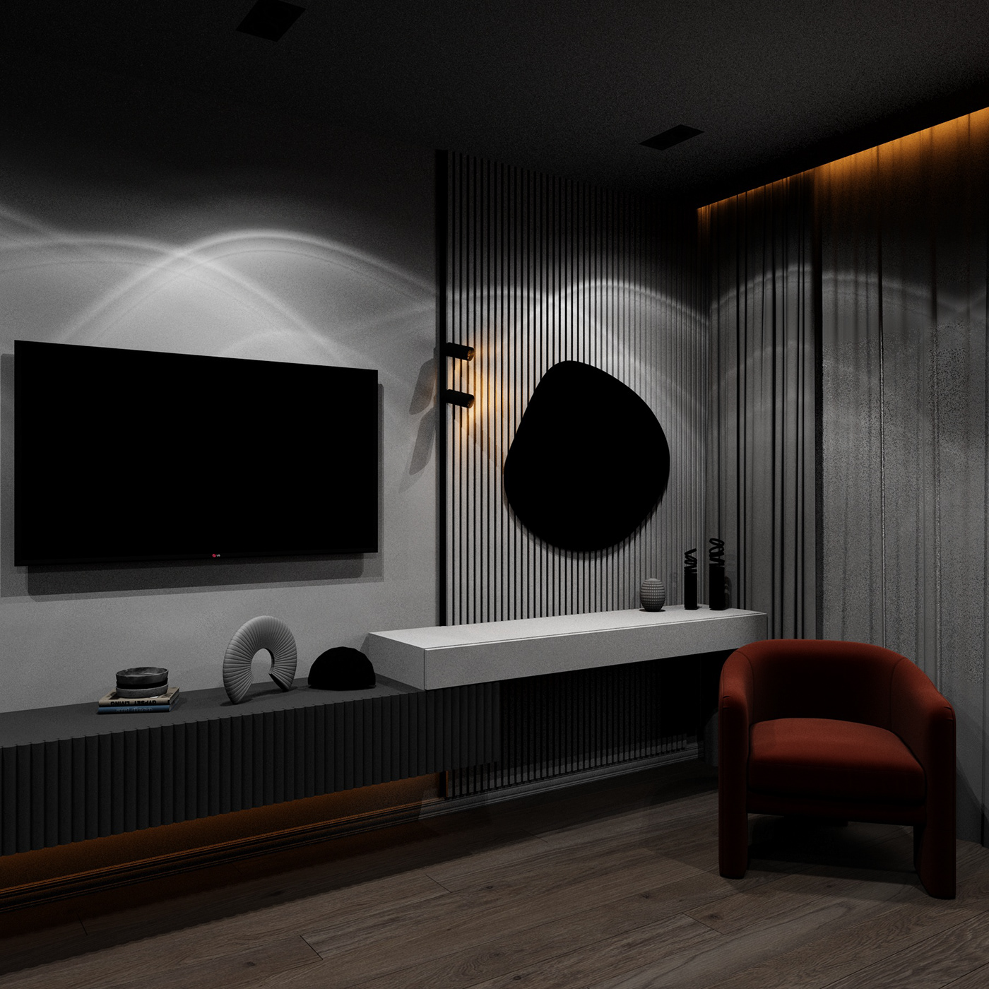 wall Interior design cozy mirror black and white interior design  vray modern minimal