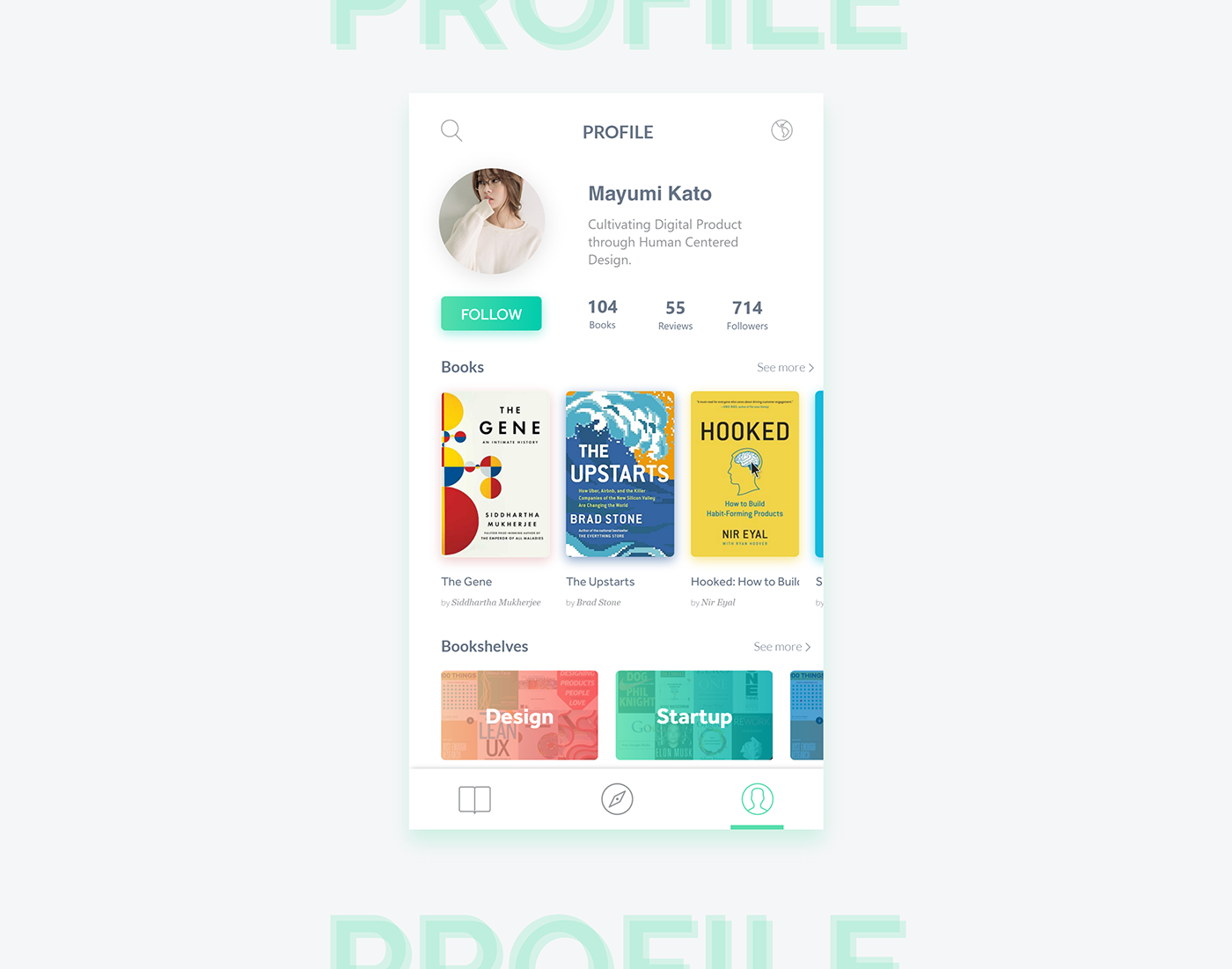 app concept books UI ux profile android design