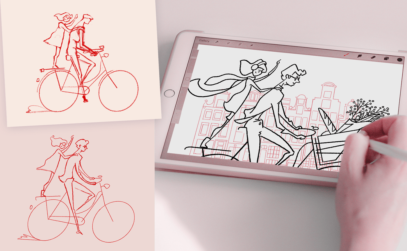 Process sketches of a cyclist being drawn in Procreate on the IPad Pro.