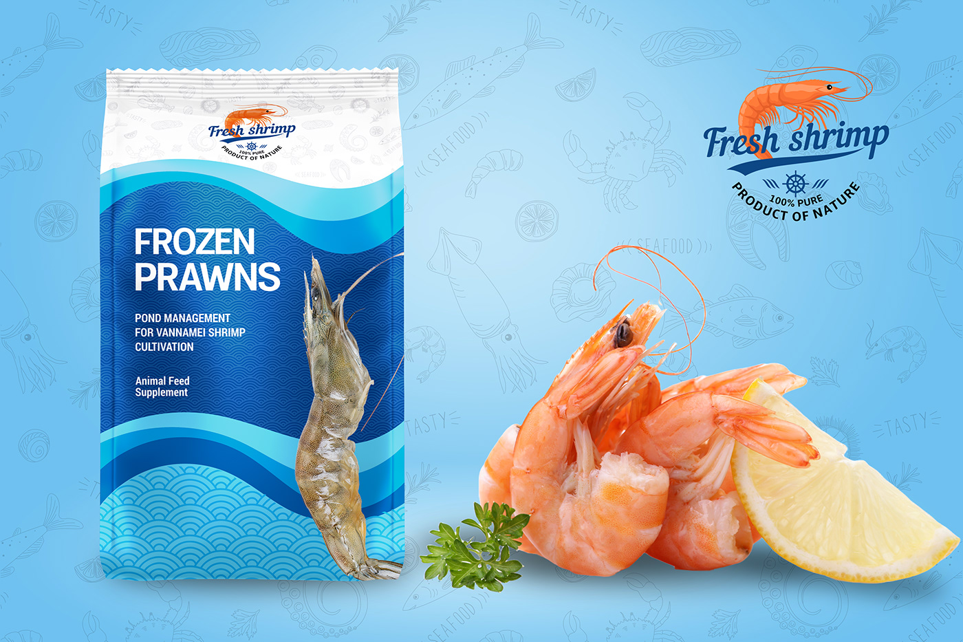 frozen prawns Pouch Design  Pouch Packaging product design  branding  Packaging Mockup brand identity Sea Foods Packaging
