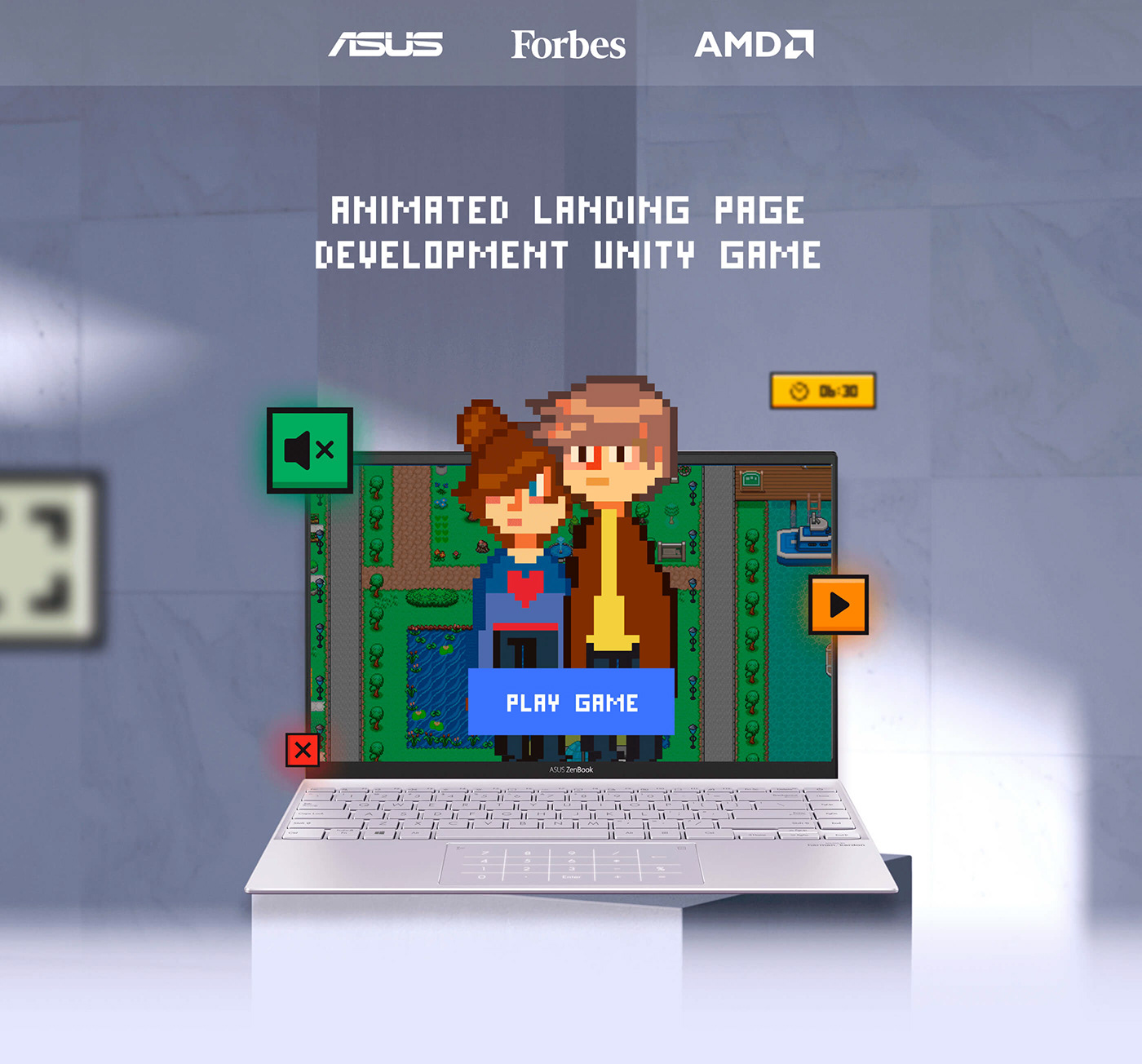 Advertising  AMD asus design Forbes landing page Pixel art unity Website game