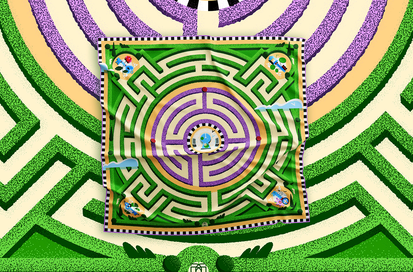 colorful Fashion  geometric labyrinth Lucky Charms scarf SILK silk scarf textile textile design 