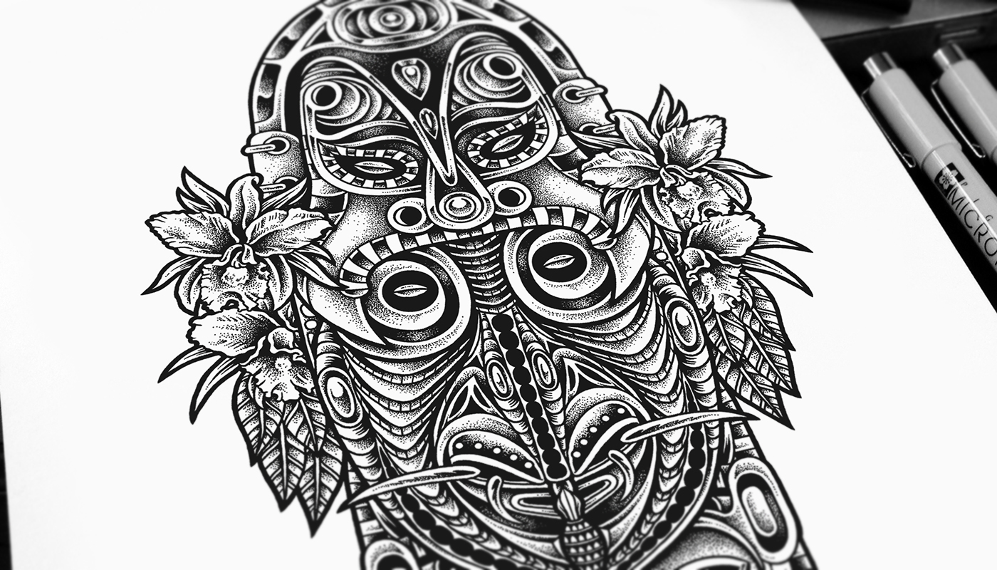 Papua Totem indonesia traditional culture tattoo Pointillism Drawing  artwork apparel