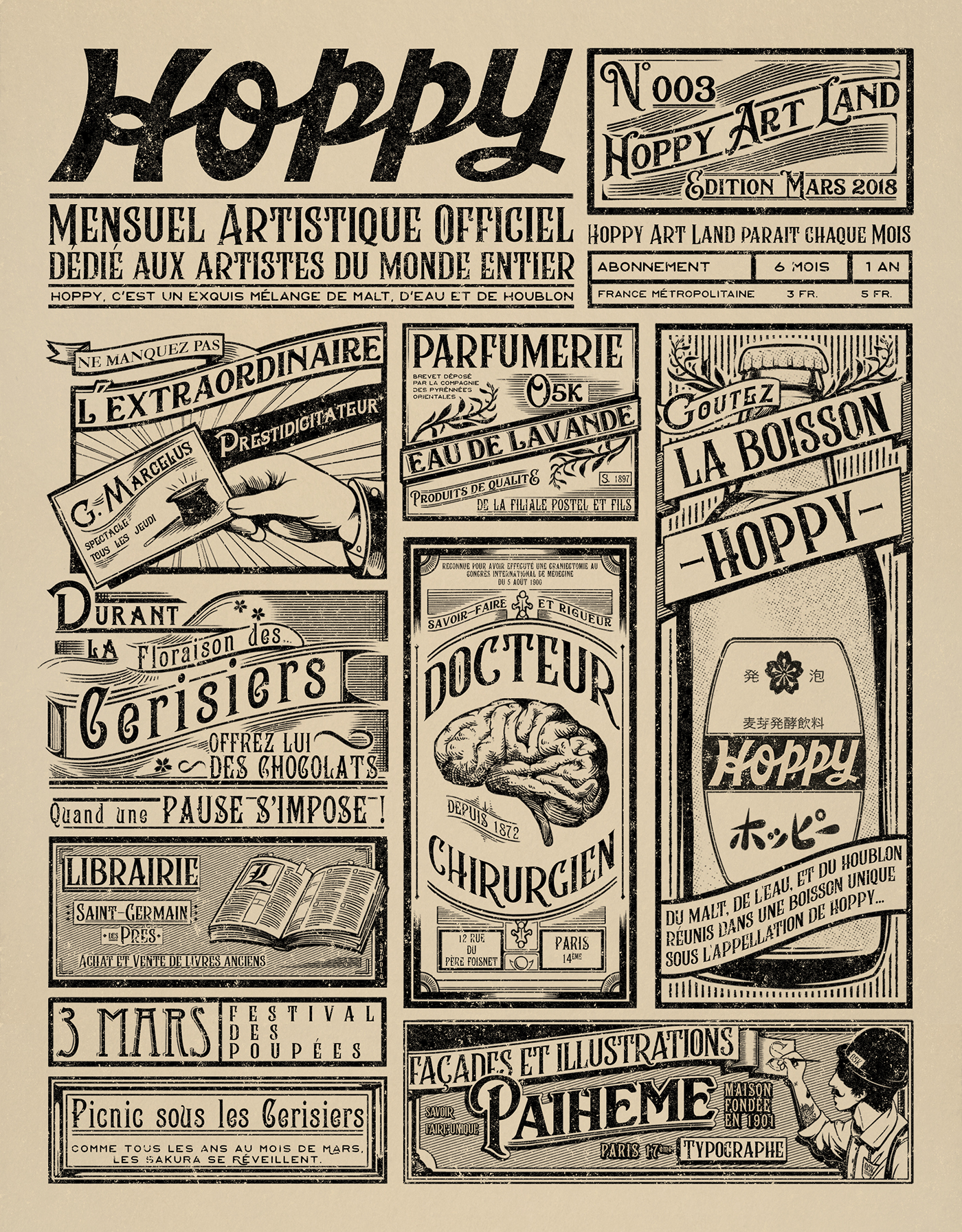 paiheme Hoppy poster typography   lettering vintage paiheme studio old Paris newspaper