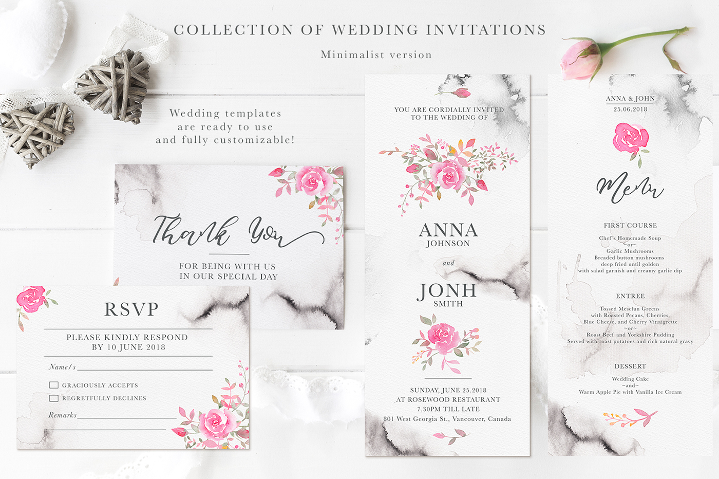 watercolor invitation suite wedding card template wedding invitation pink roses Layout save the date wedding stationery ready to print