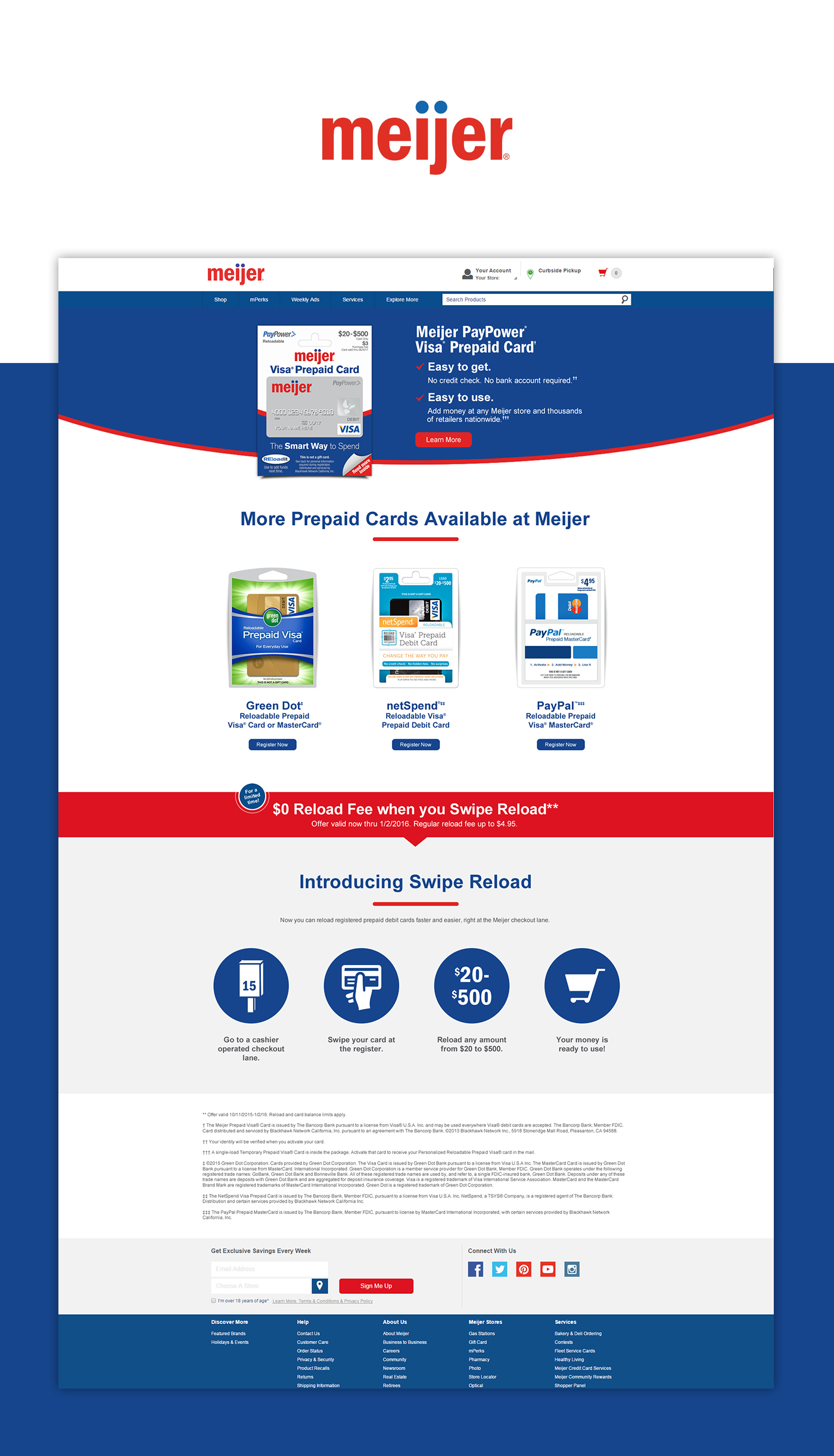 meijer Prepaid debit card landing page Web design blue red financial