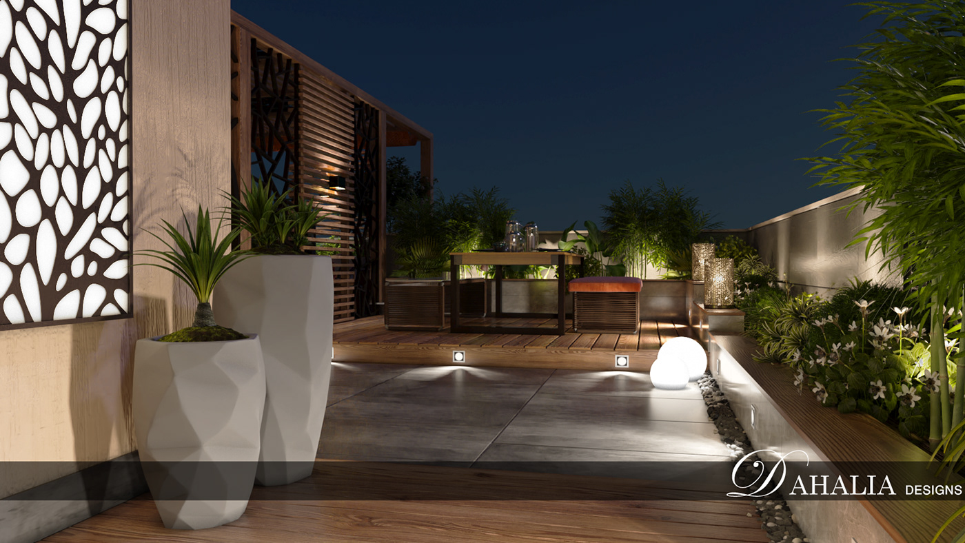 counter top interior design  L-shaped sofa modern nightshots outdoors plants rooftop design wood wooden pergola