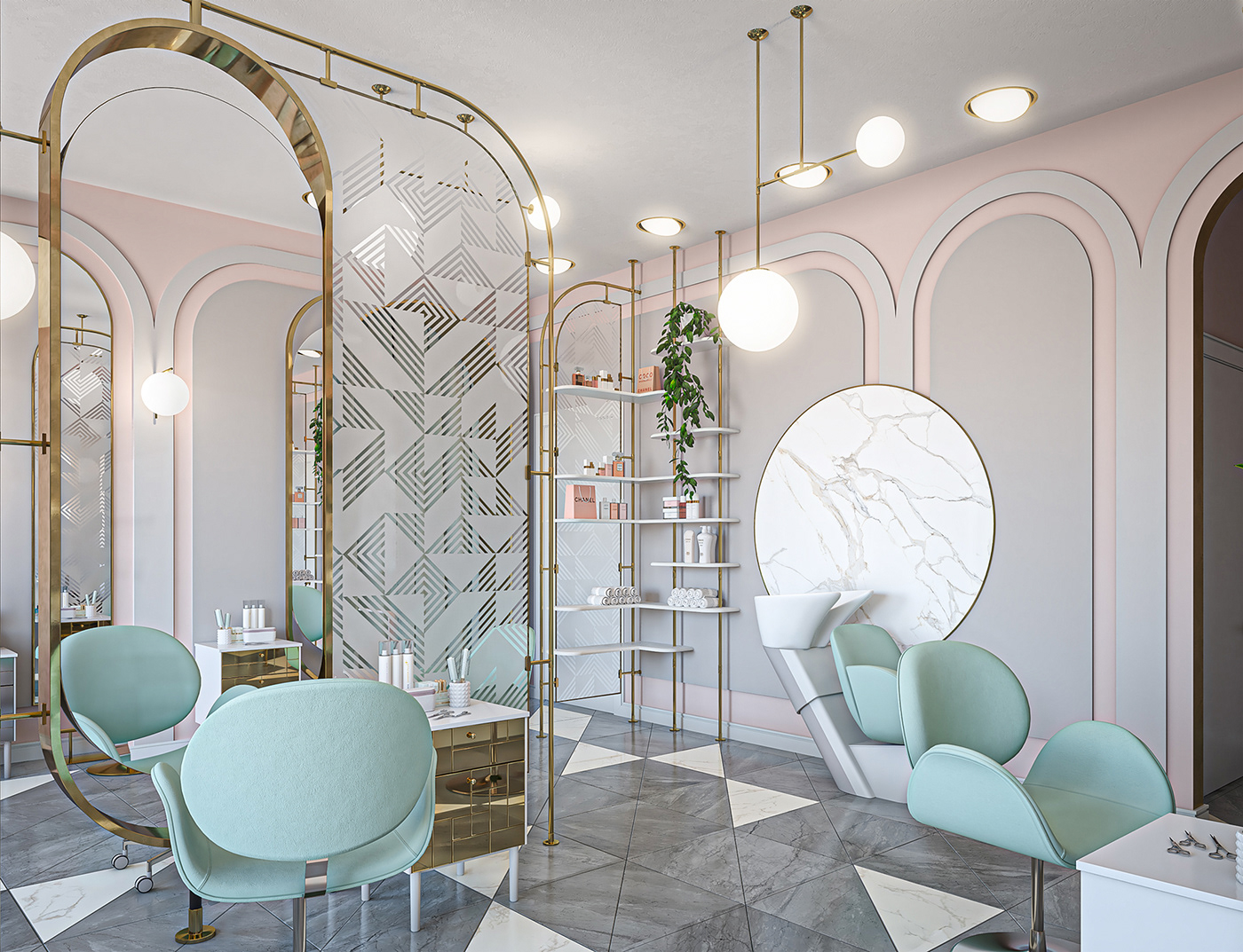 3D archvis beauty salon design Interior Memphis mint color