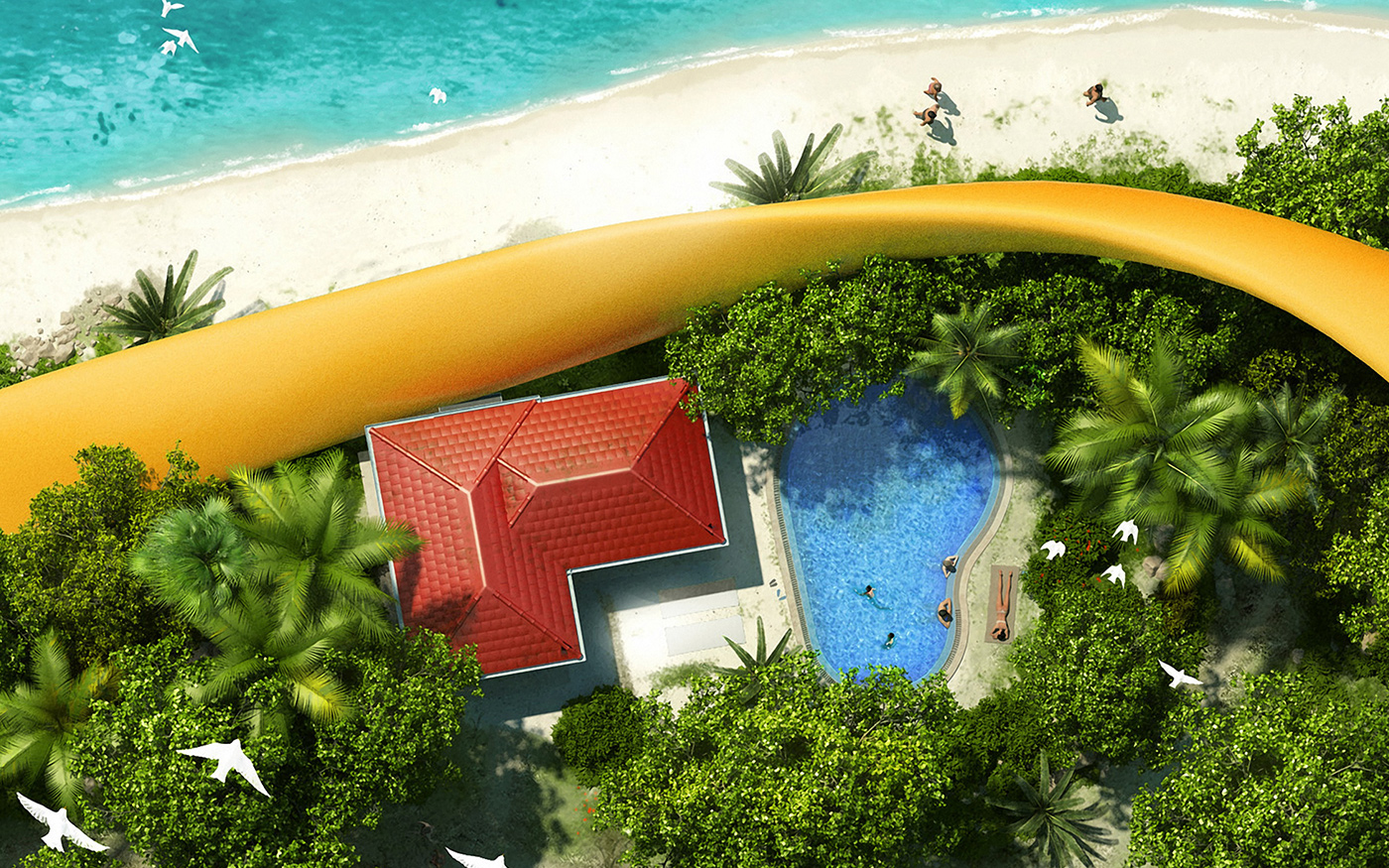 flip flop visuals photo manipulation Island top view Pool swimming 3D Render shade Holiday Travel