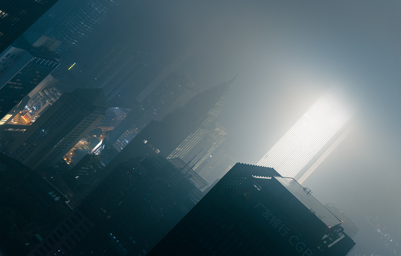 city night skyscraper Cyberpunk fog volume light dark cold Landscape Photography 