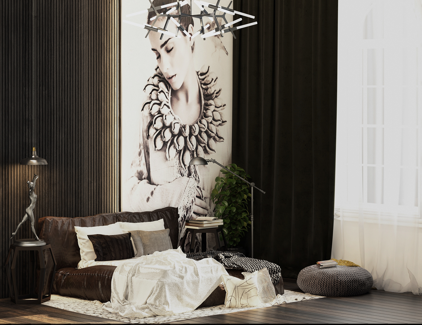 #modern #style #bedroom #beds #black #brown #light #plant #silver #green #frames #wall #Design