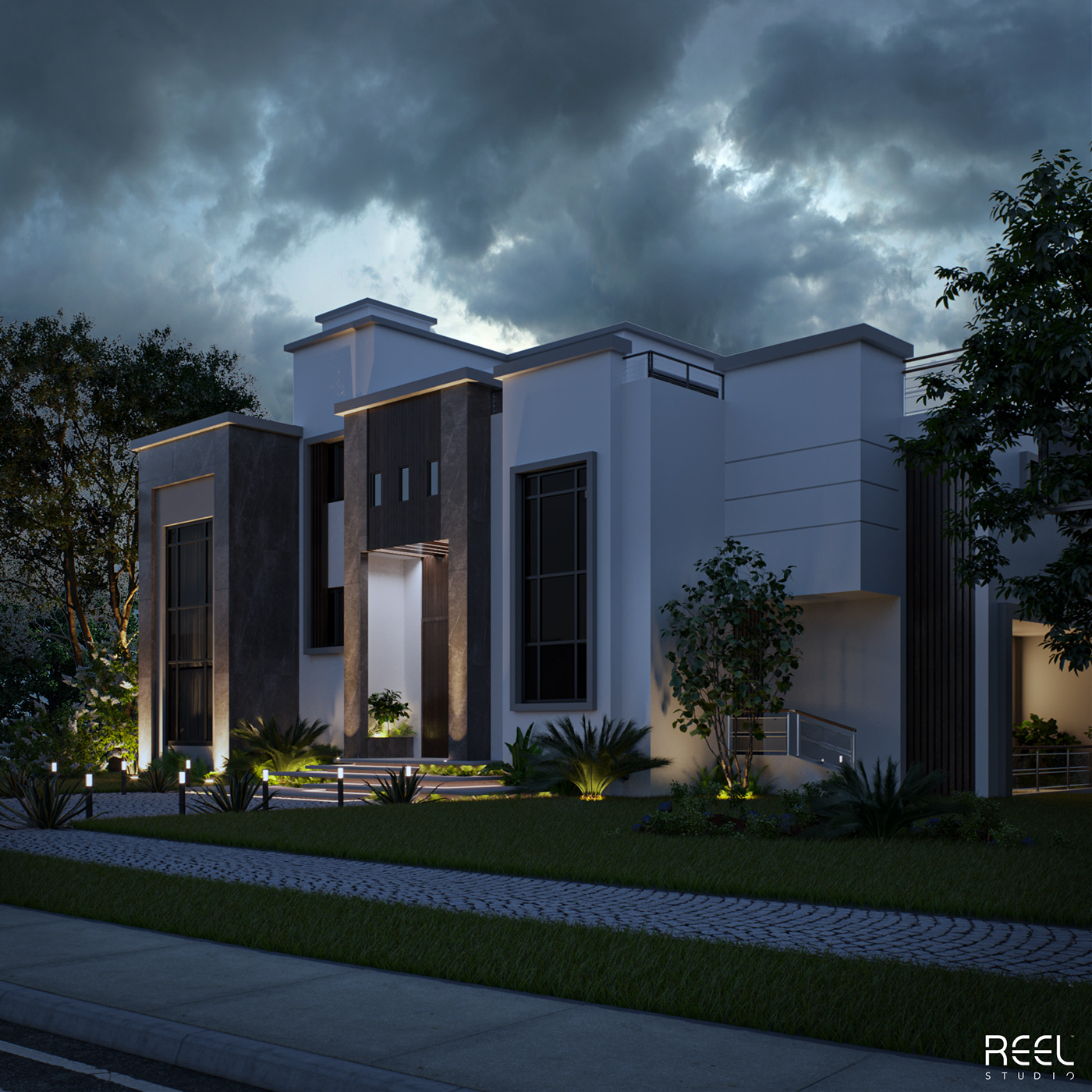 backyard CGI exterior home house Landscape Pool Render Villa visualization
