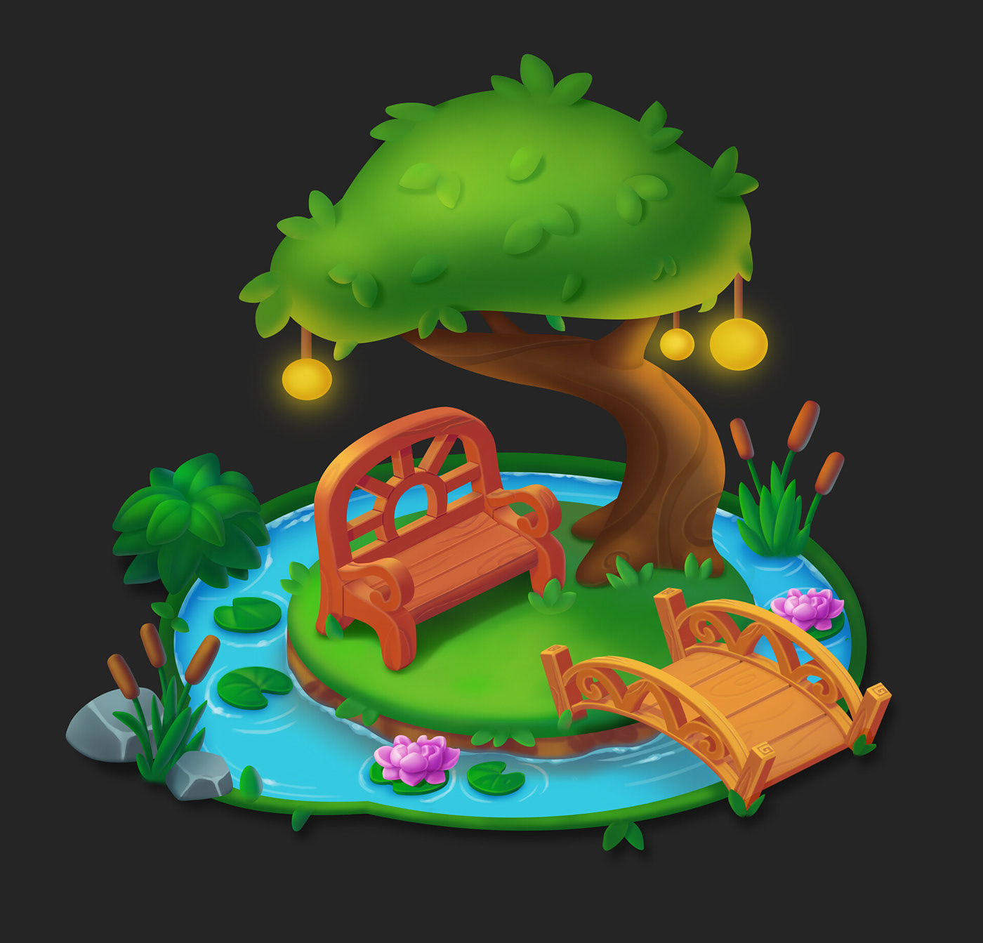bench bush casual game environment Island Isometric pond props Tree  water