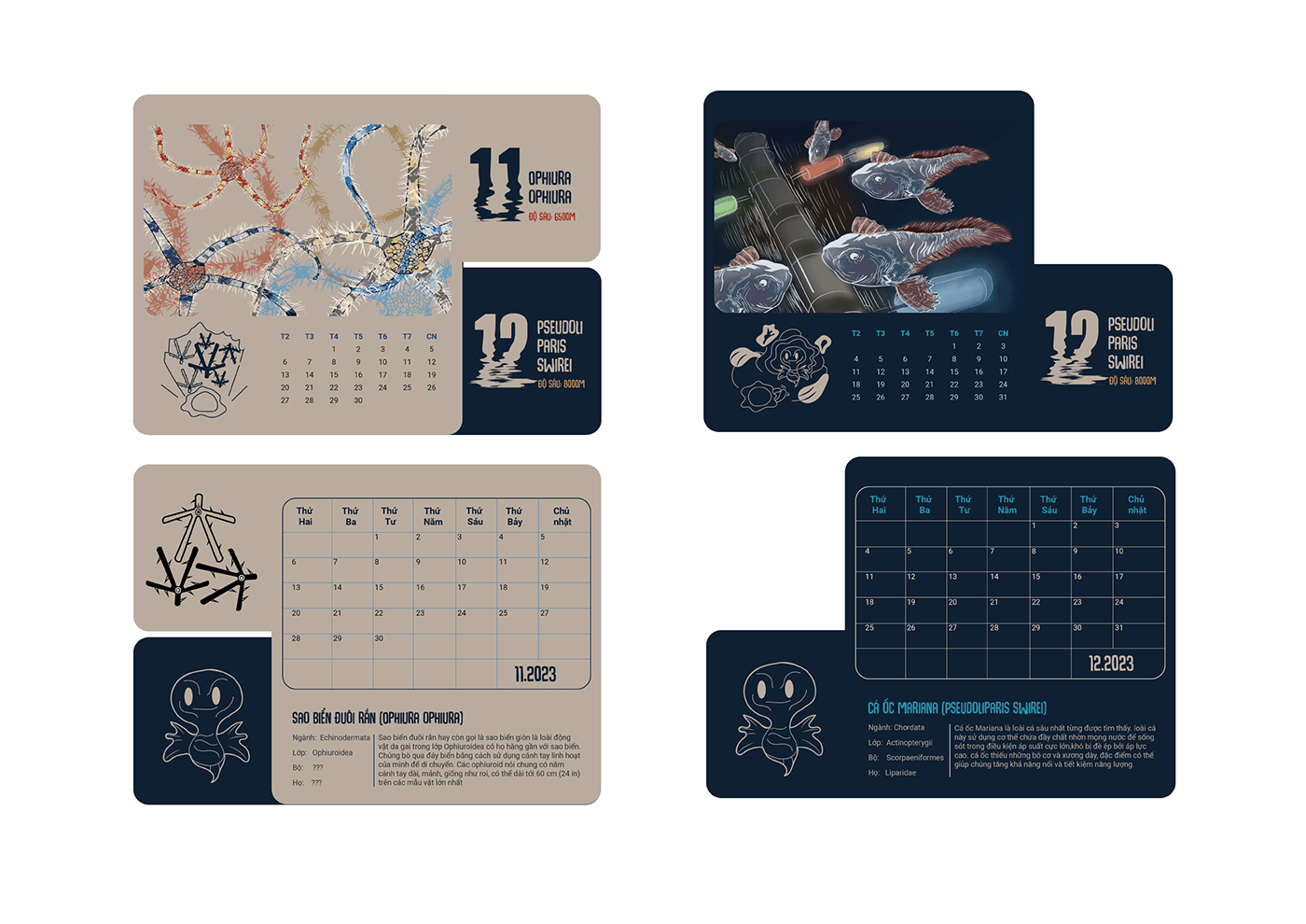 blue calendar deep sea design ILLUSTRATION  inking Ocean seacreatures typography   wave