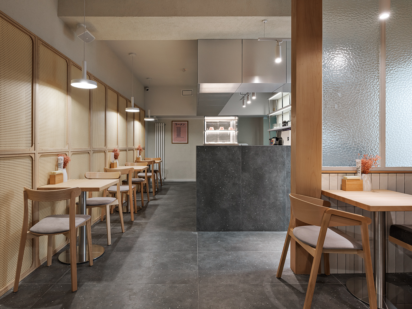 architecture biege bistro cafe Interior Japandi japanese plaster restaurant wooden