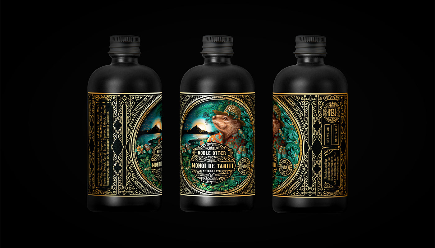 Aftershave aftershave label Cosmetic Labels illustrated label LUXURY LABEL DESIGN man cosmetic brand men's grooming products Otter Illustration shave soap shave soap label