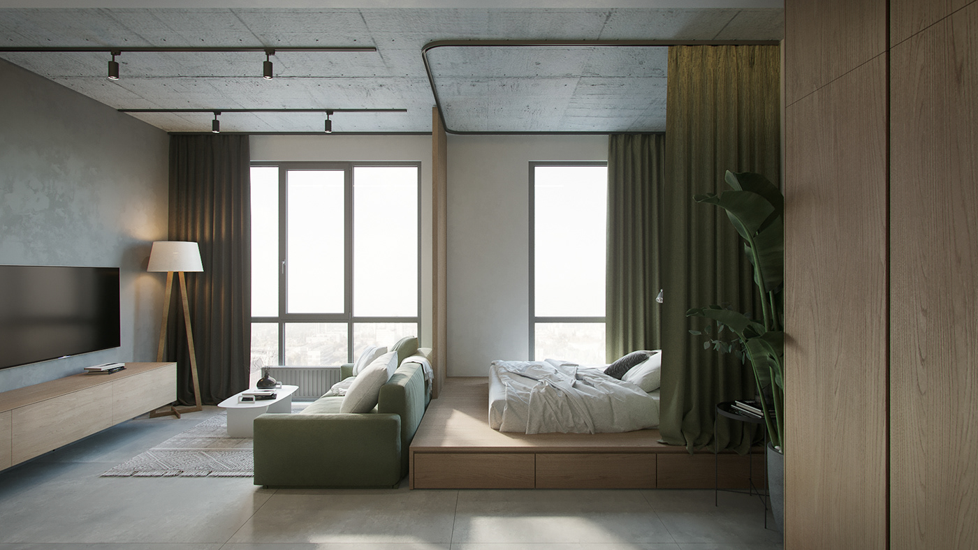 bedroom concrete cozy design Interior living room minimalist modern small warm