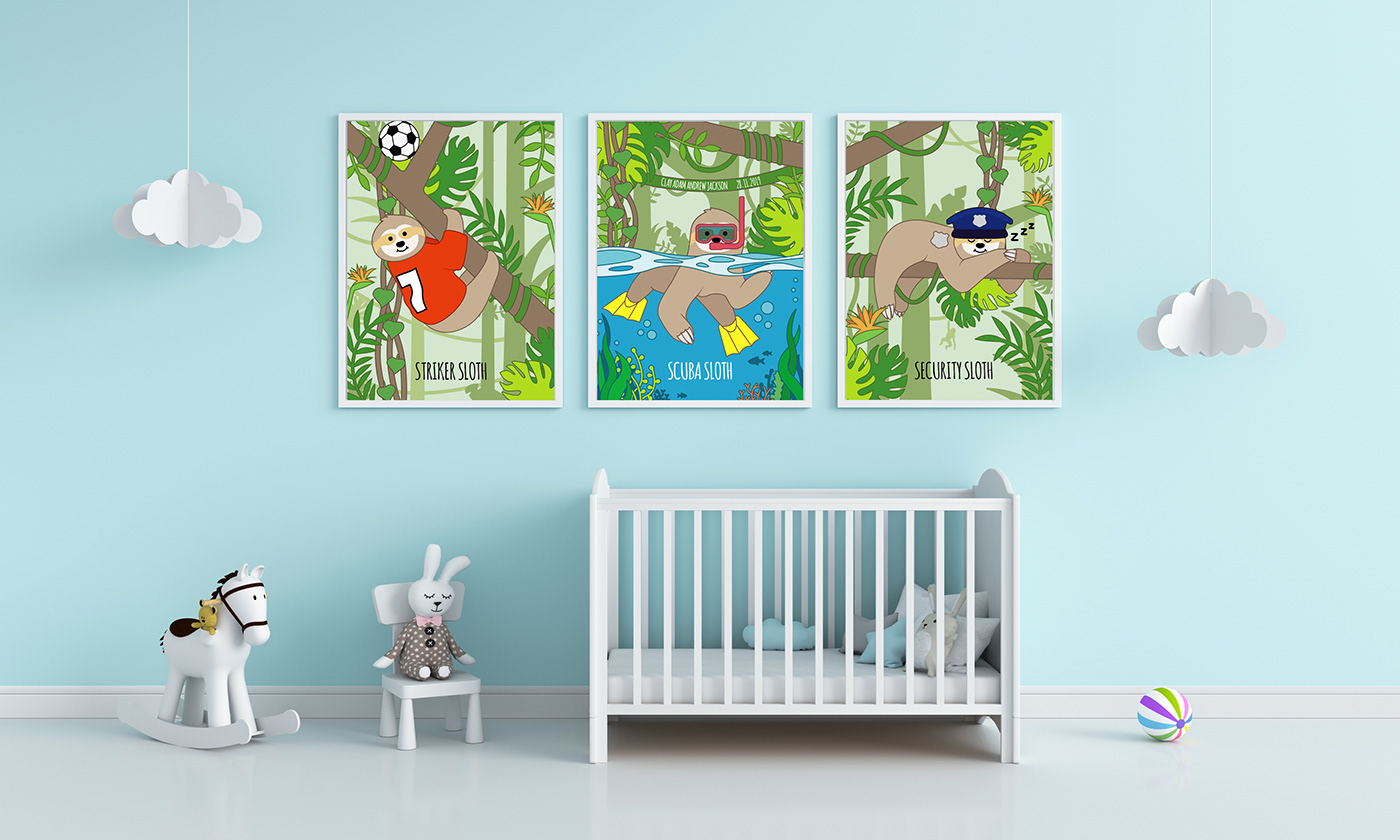 cartoon ILLUSTRATION  sloth jungle poster children animals wallart baby