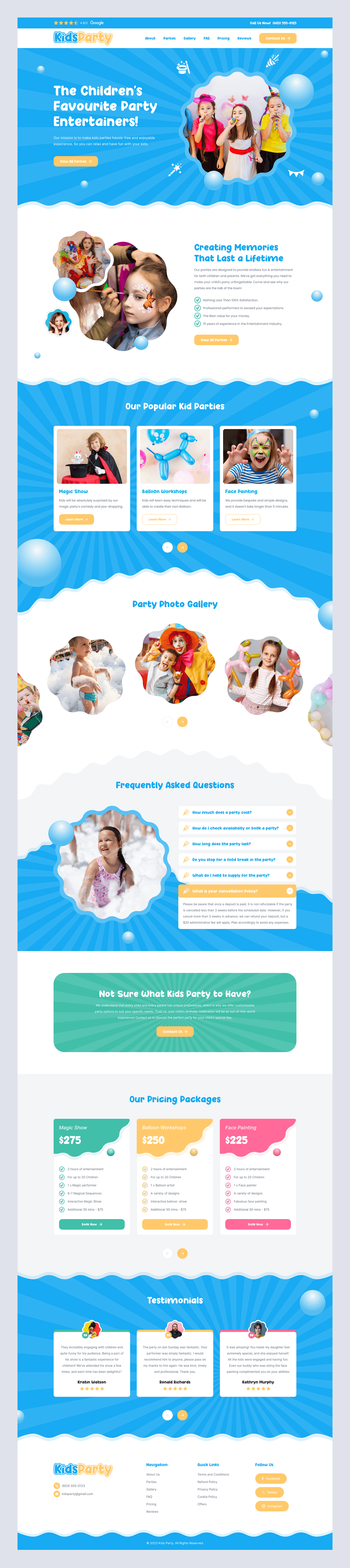 Foam party Face painting MAGIC SHOW party kids children Birthday landing page Website Design Website