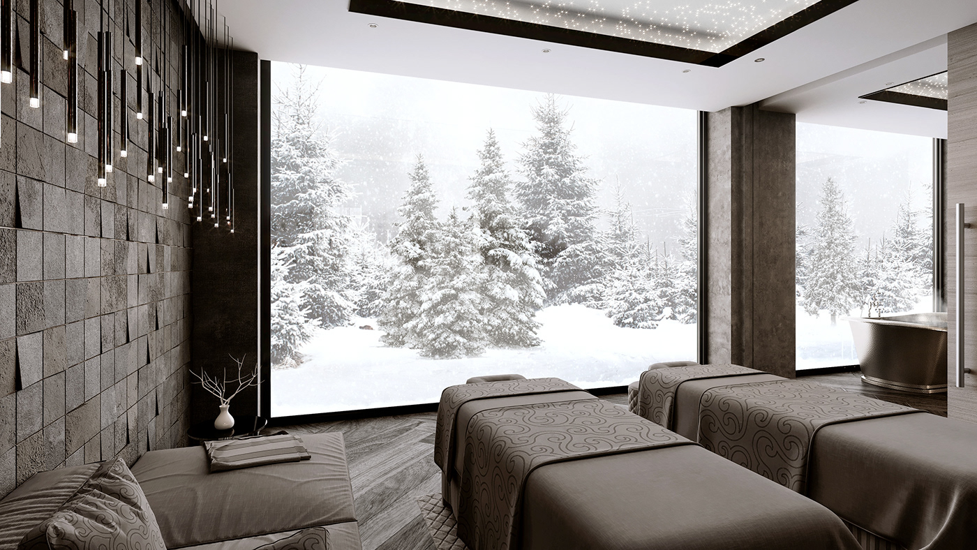 winter Spa resort Health Wellness Sauna snow Interior archviz Render