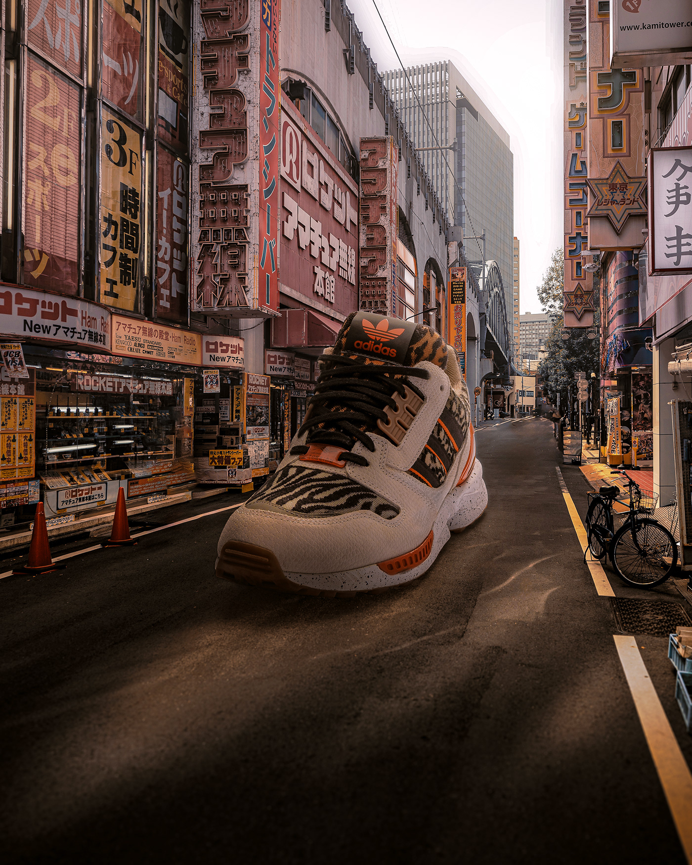 Giant sneaker photo composite in Tokyo. Retouching using Photoshop