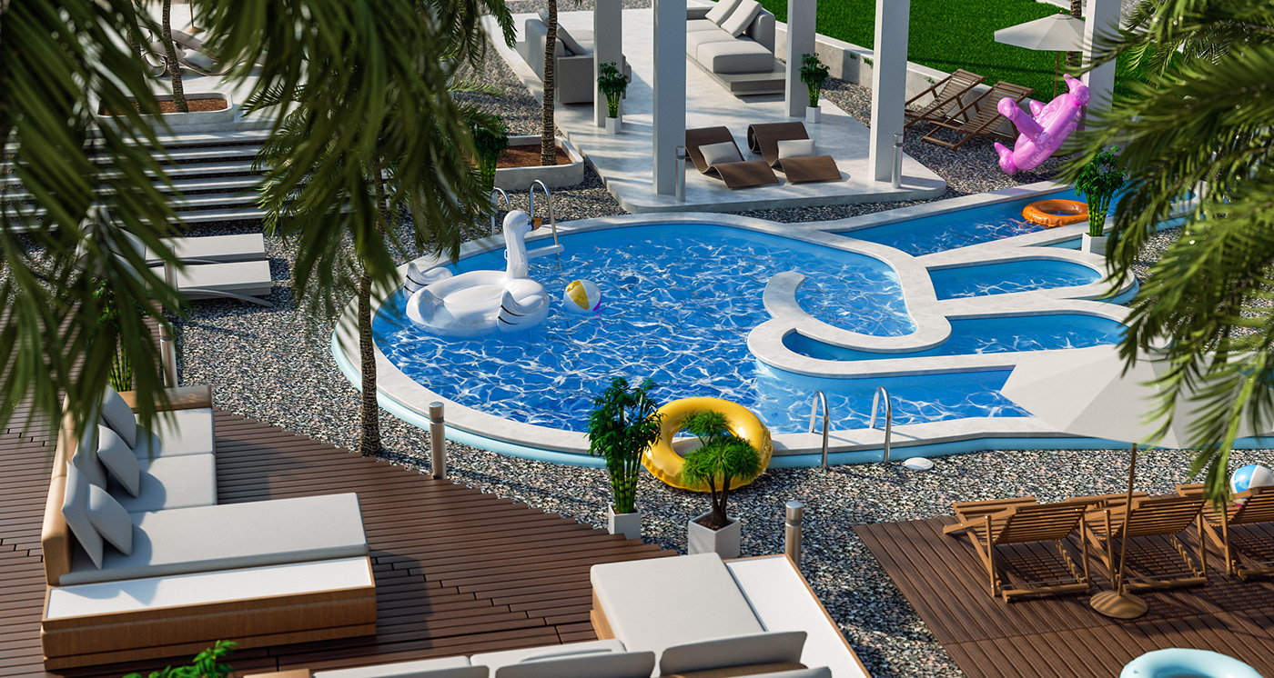 CGI CG summer swimming pool 3D ILLUSTRATION  artwork concept visual Palm Tree