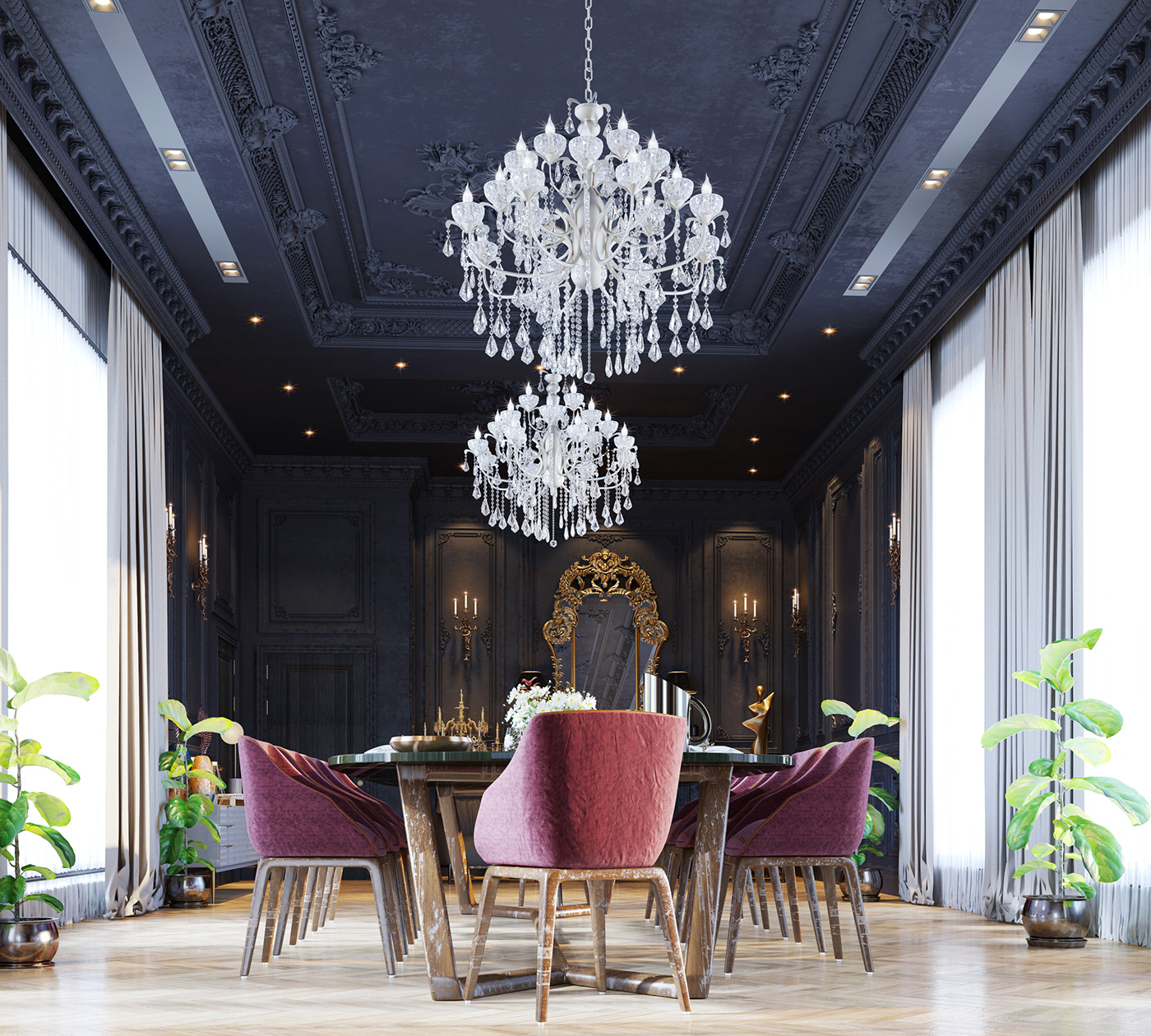 Interior luxury black&gold design architecture Villa reception-hall contrast