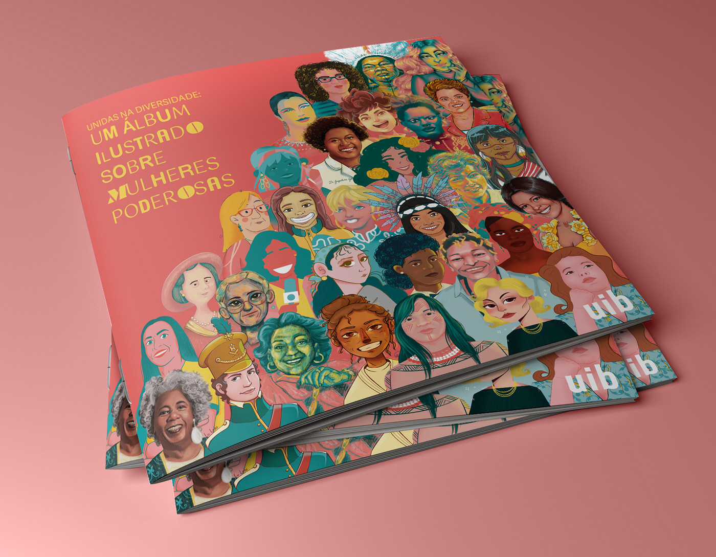 a mockup of the cover of the sticker album with many illustrated portraits of brazilian women.