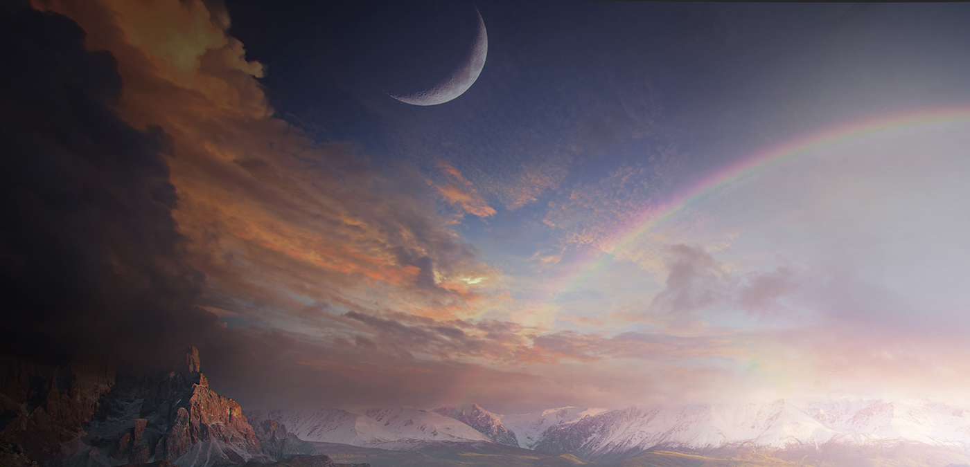 adobe CGI cliff environment fantasy Landscape Matte Painting mountains rainbow sunset