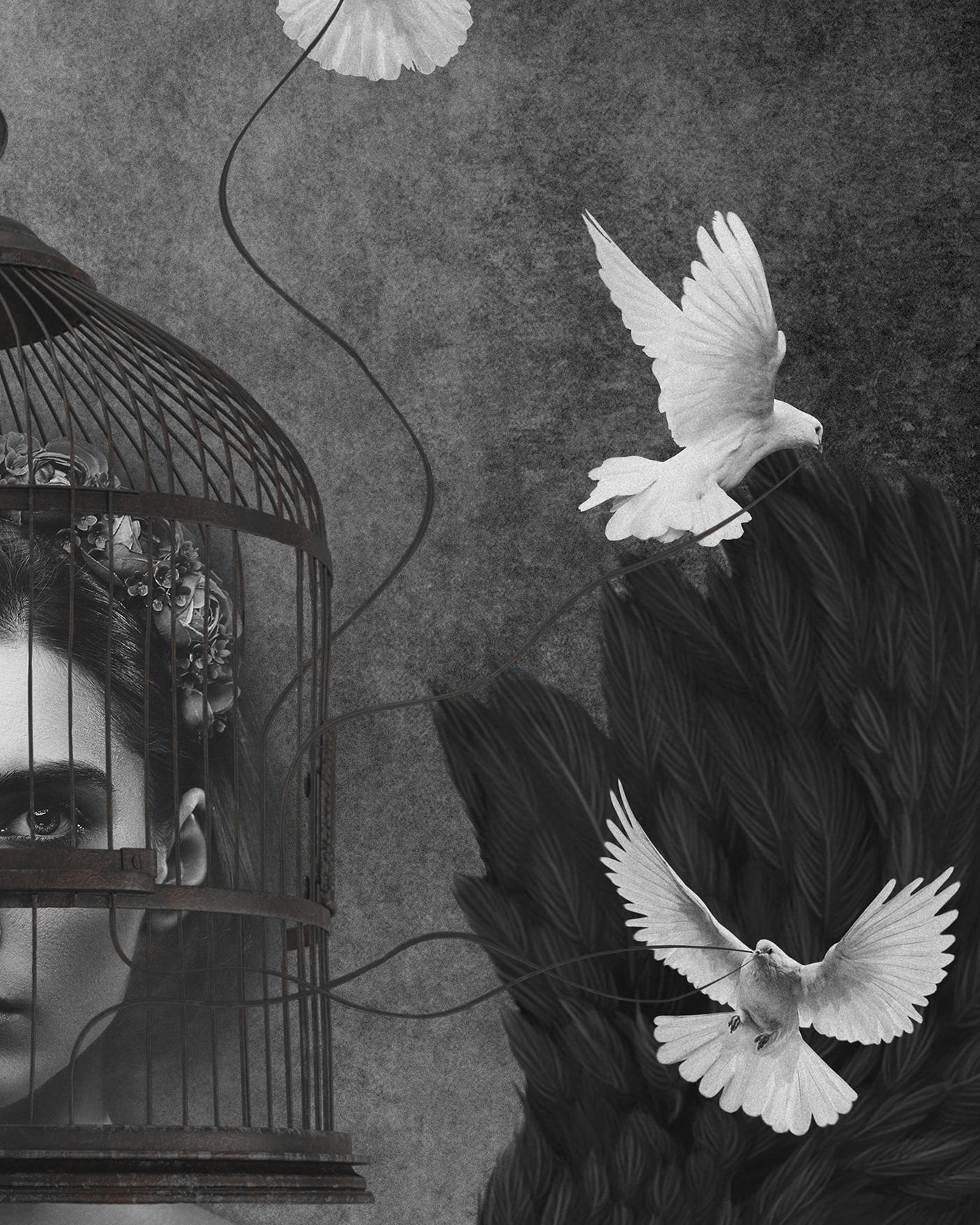 black White cage wings birds freedom angel portrait deep concept