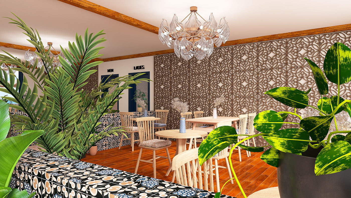 hospitality design Ocean coastal maximalist textured restaurant design Interior visualization conceptual commercial space