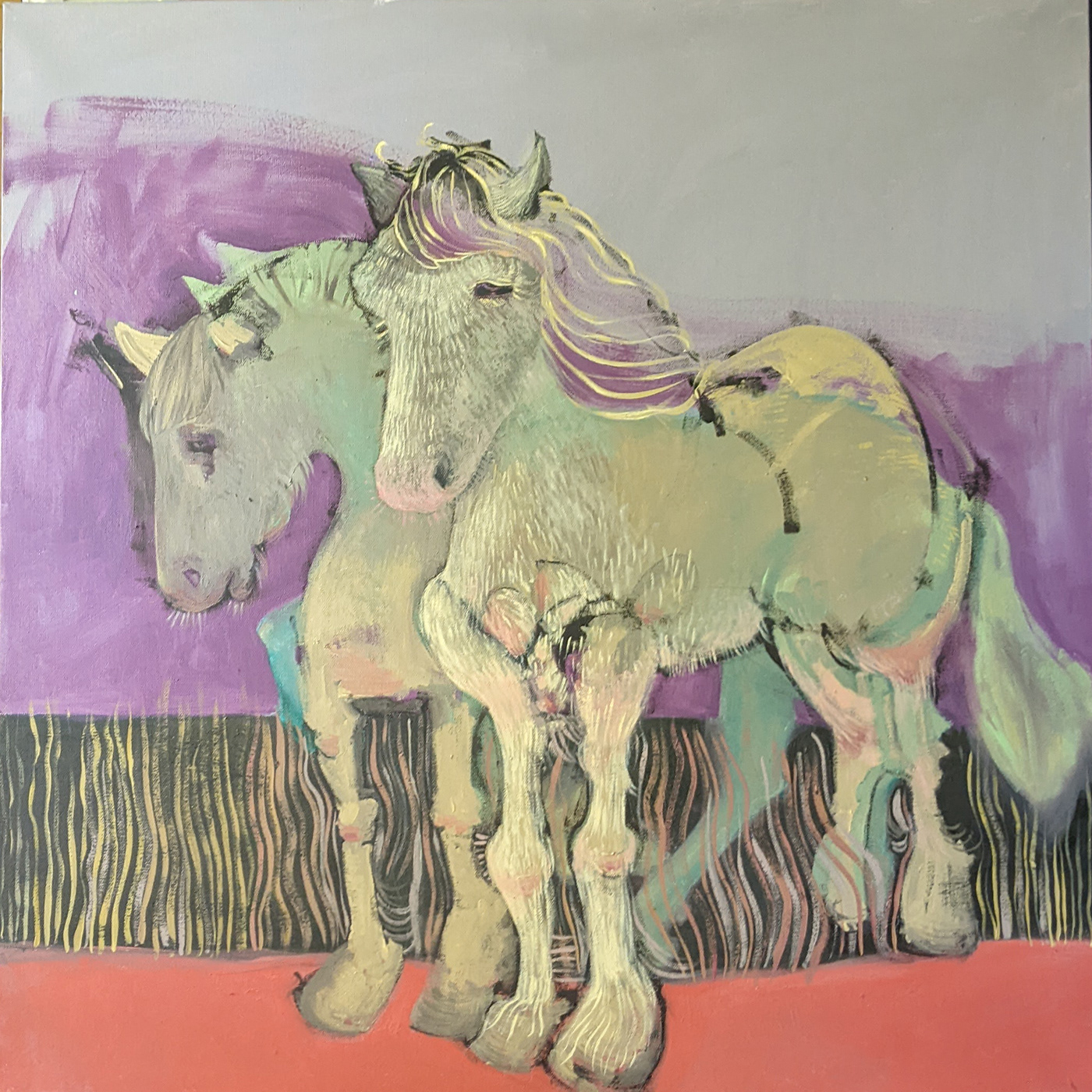 2 horses stand shoulder to shoulder on red ground in front of a gold and black field and purple sky 