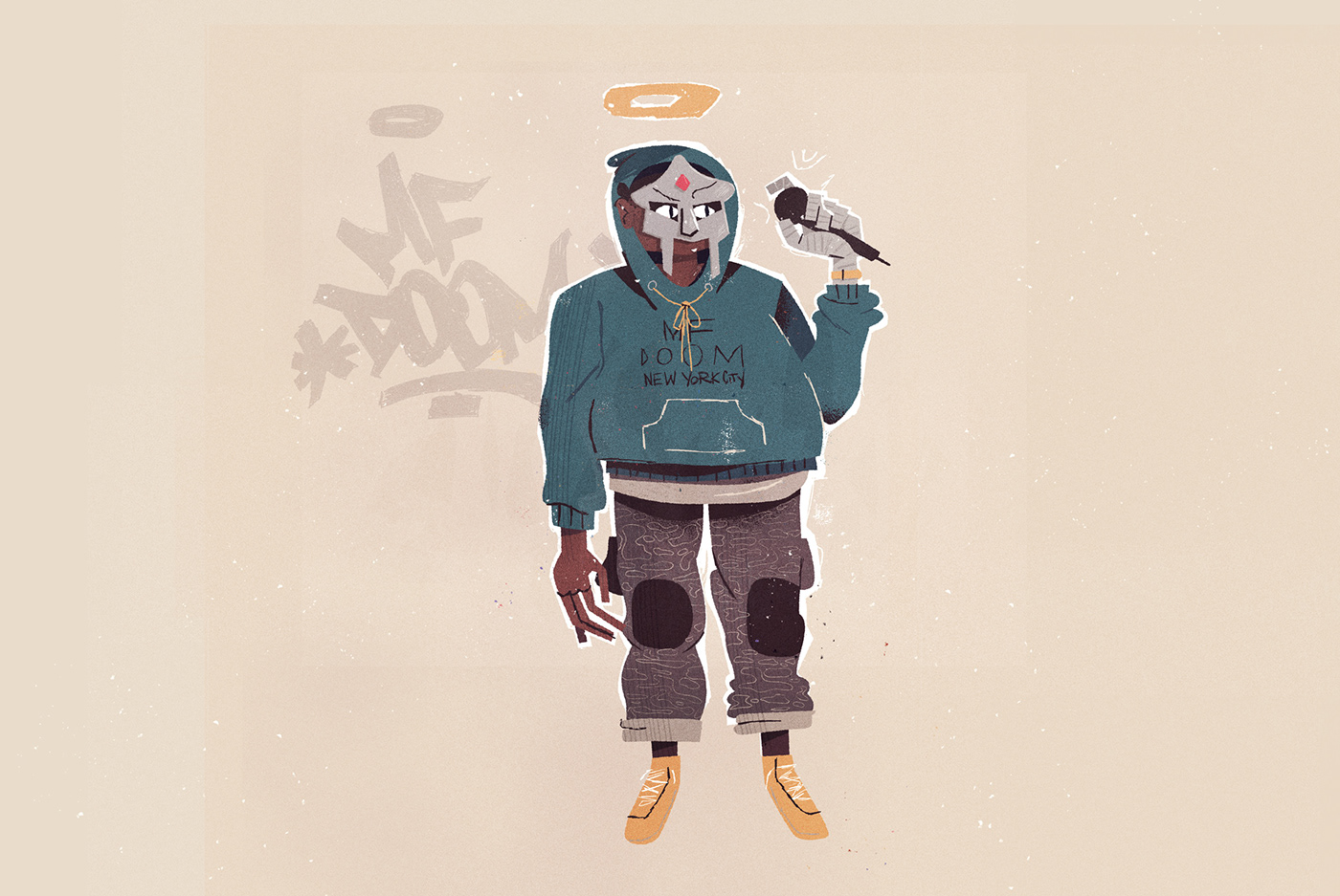 MF DOOM drawn In a flat illustration style, with a halo over his head.