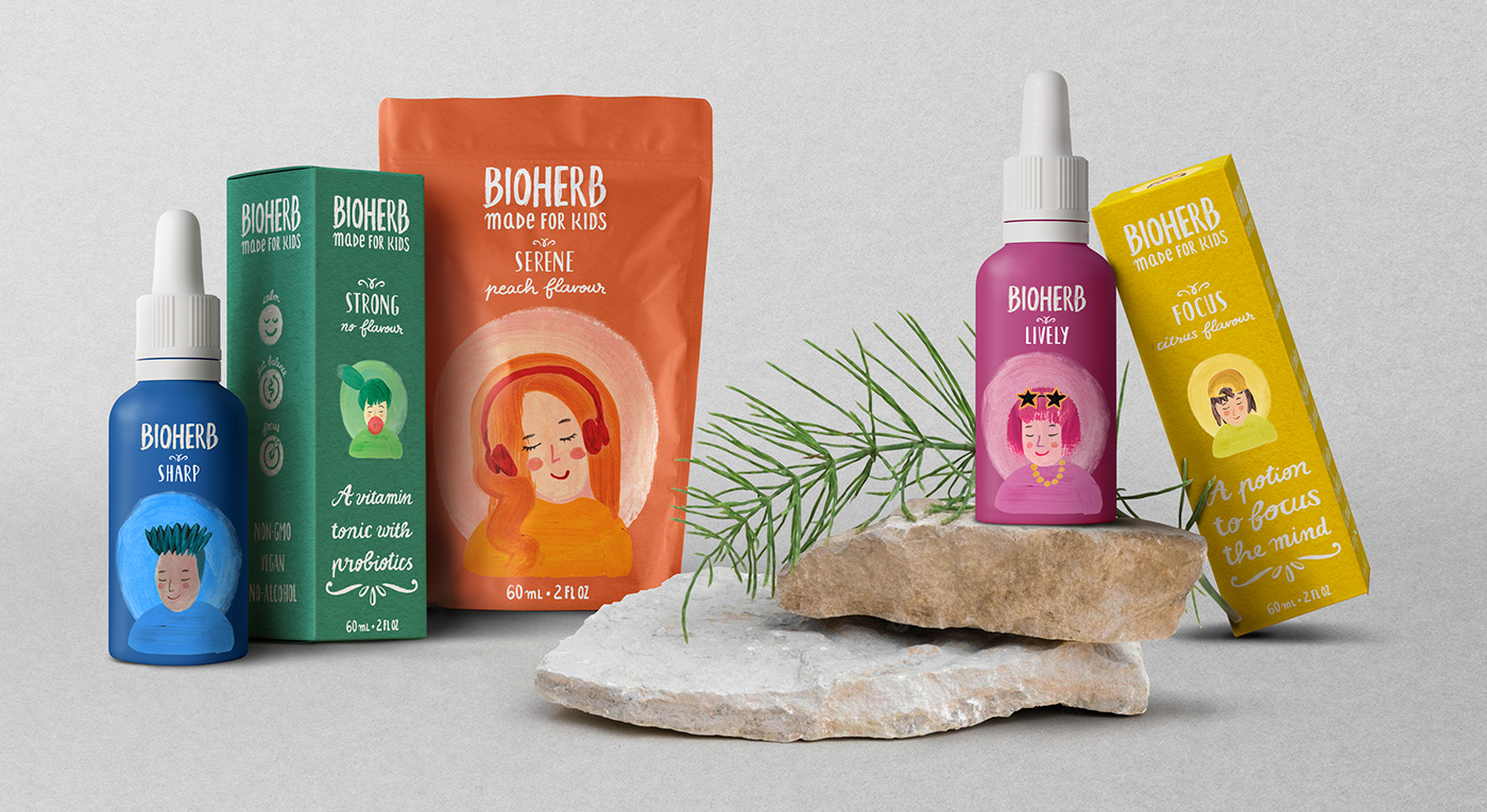 bioherb children dropper handdrawing Herb kids organic pouch supplement watercolour