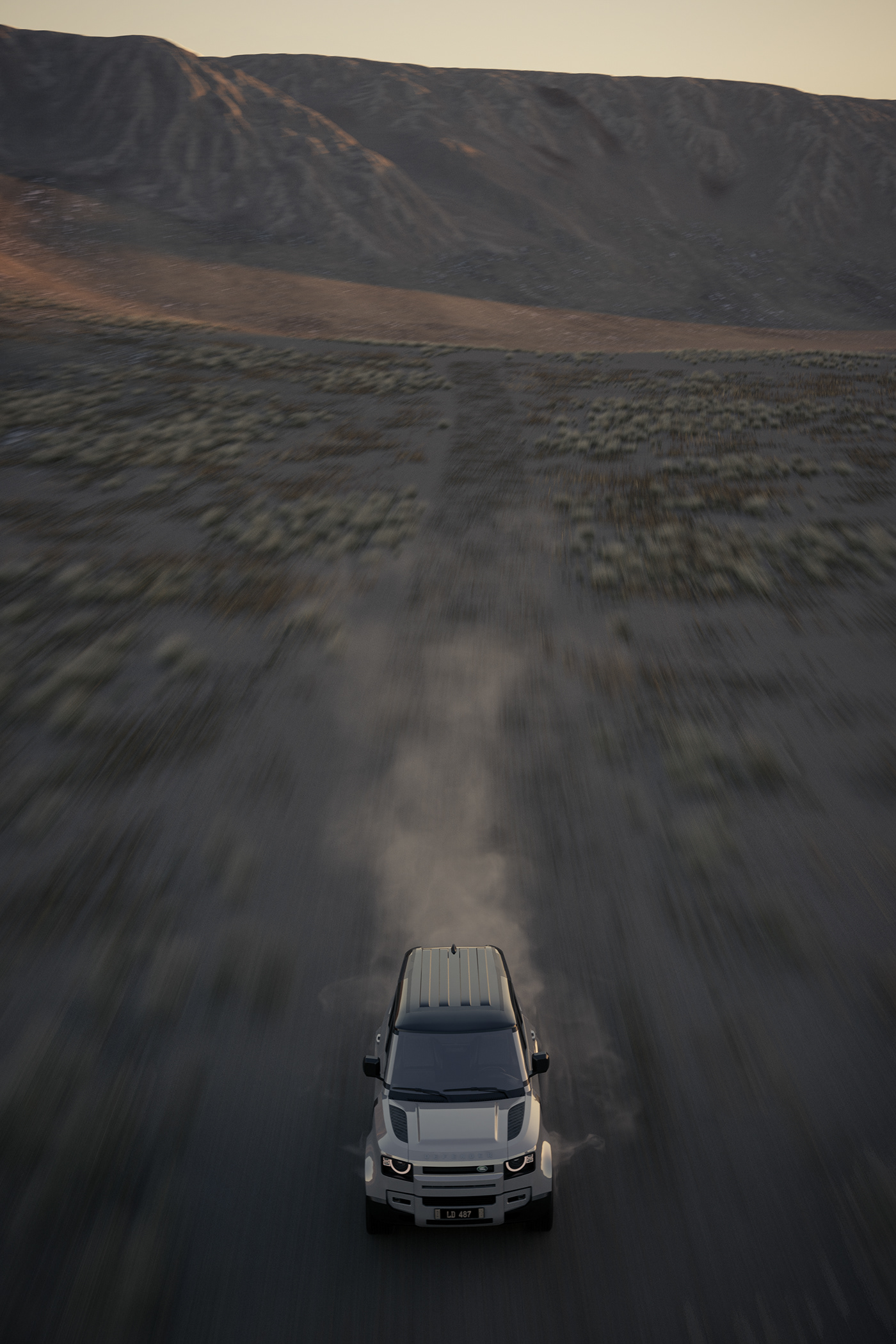 animation  automotive   car CGI defender desert Land Rover Landscape sunset vray