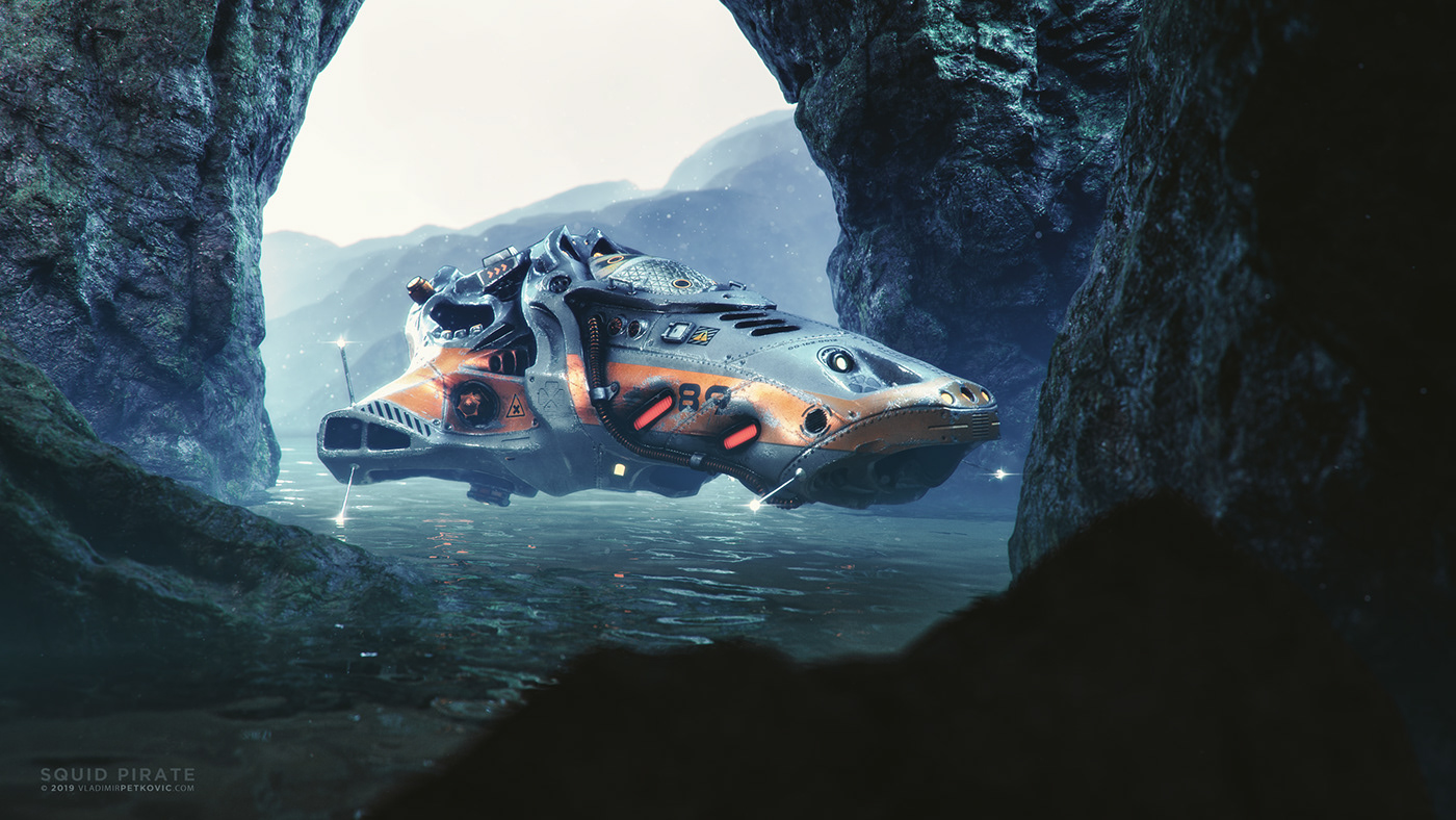 spaceship spacecraft Scifi environment sculpting  cave pirate Squid planet Flying