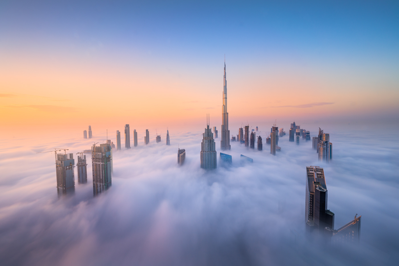 city clouds dubai futuristic mist sci-fi skyline skyscrapers