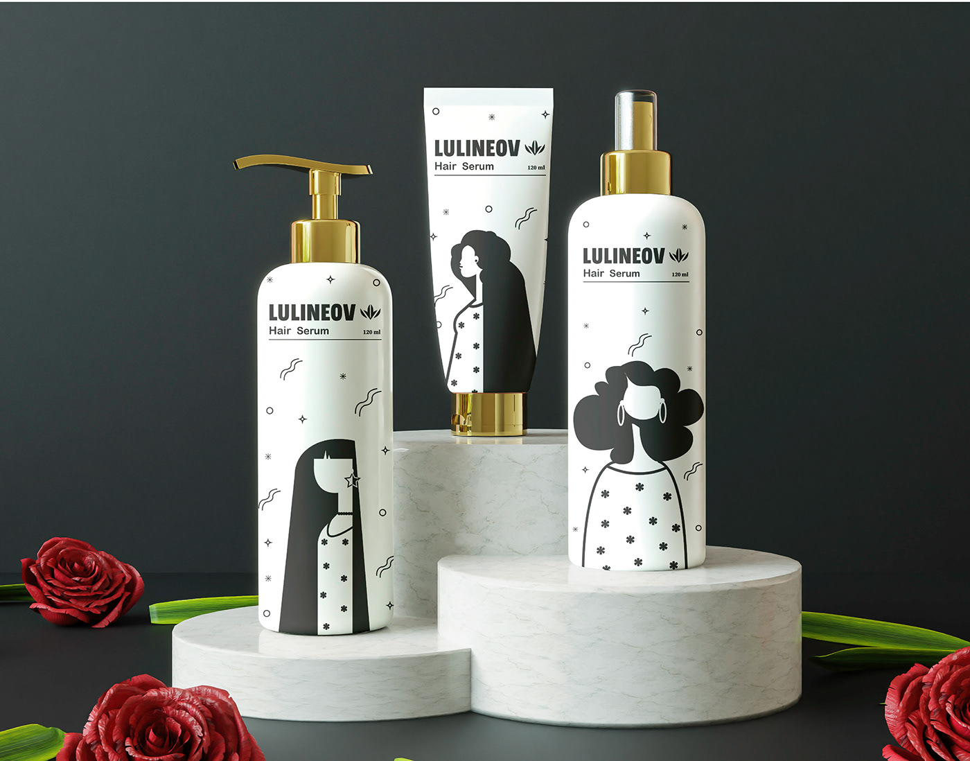 black and white brand identity branding  cosmetics curly hair hair illustrations packaging design serum shampoo