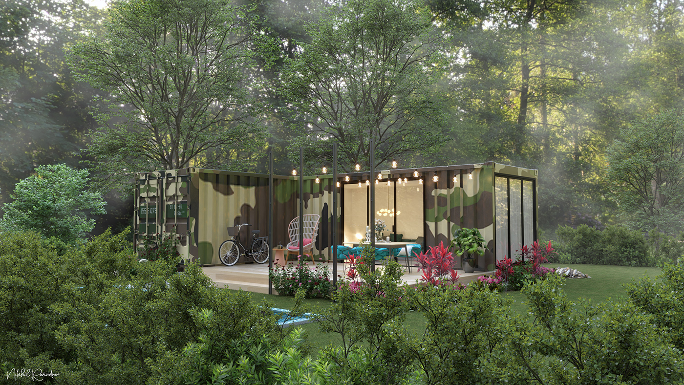 containerhouse forest cabin foggy peaceful Landscape Pool