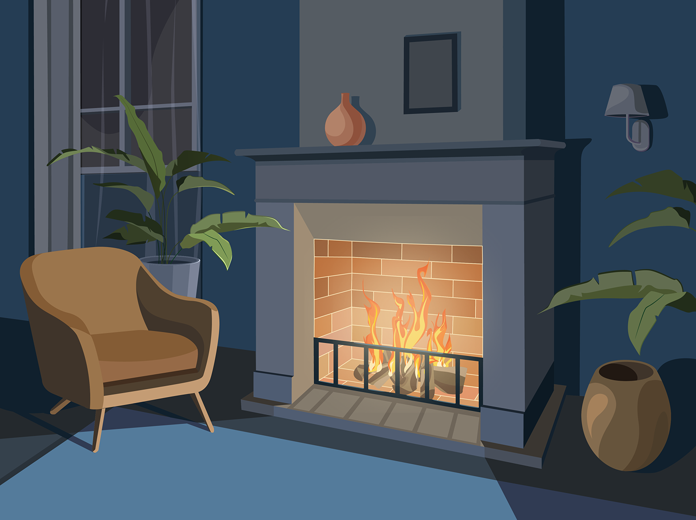ILLUSTRATION  light and shadow room Illustrator adobe vector adobe illustrator fireplace fire Drawing 