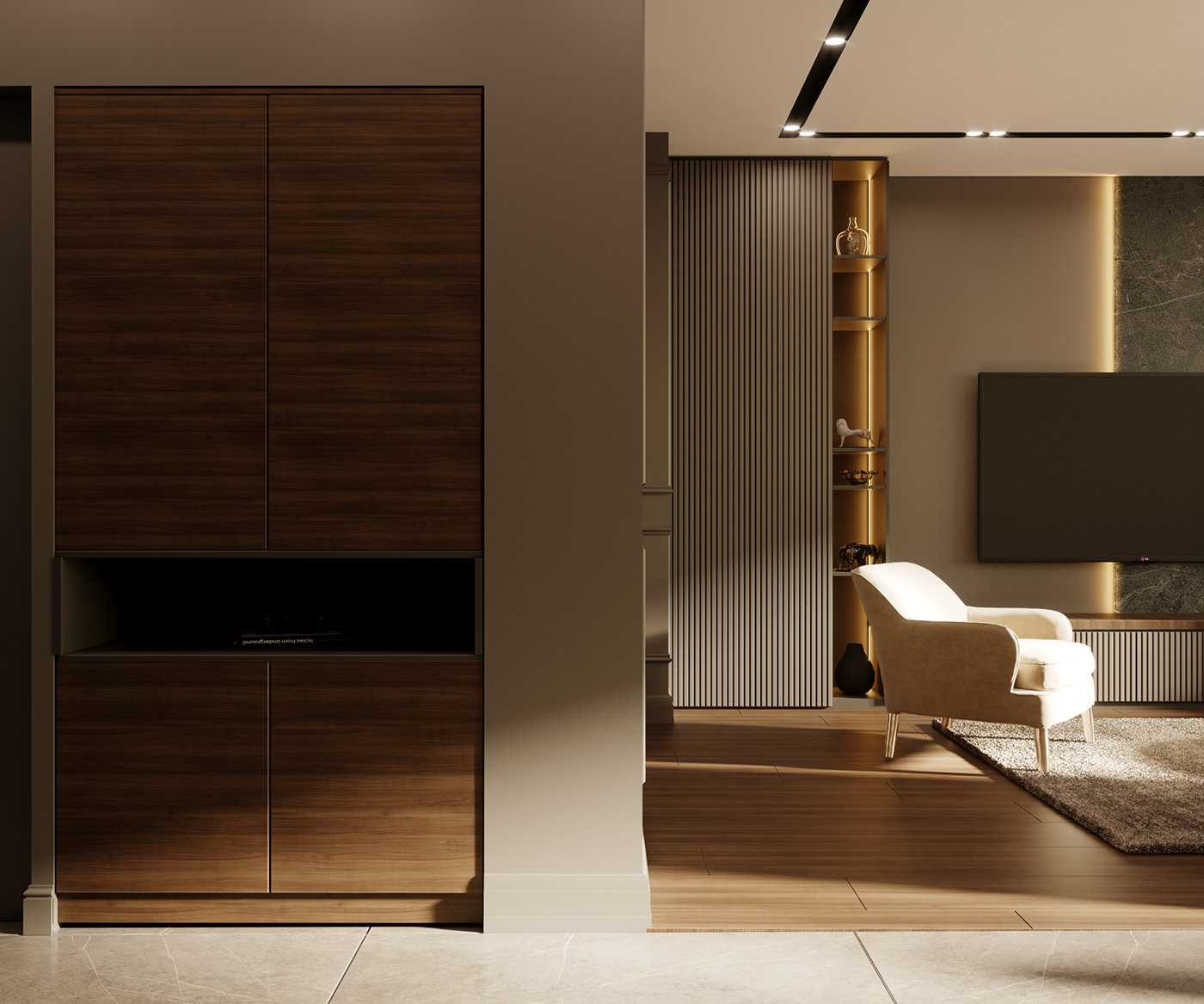 3D beige interior decor livingroom Porcelanosa shelfdesıgn Shelfs sofa stairs tvzone